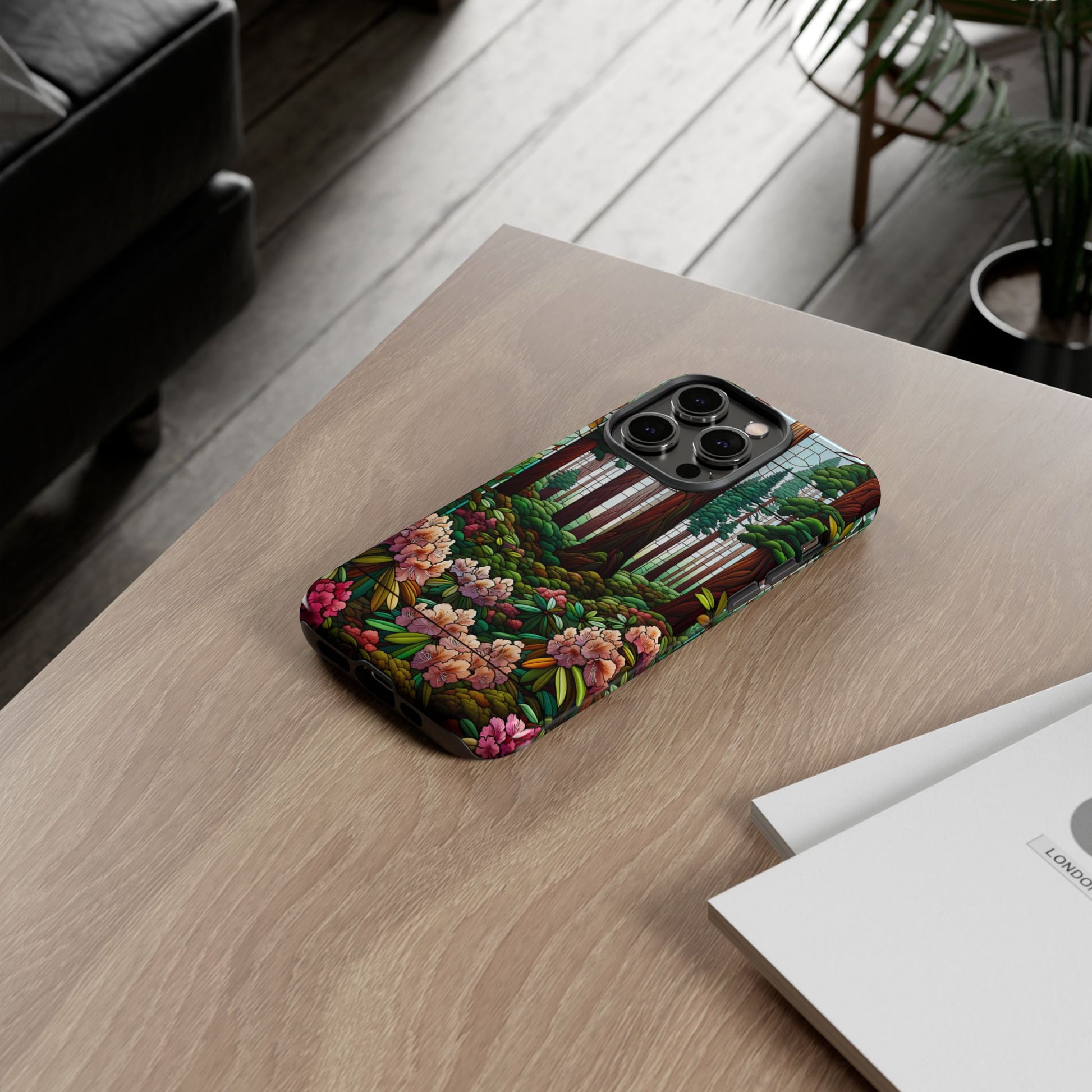 Nature Inspired Tough Cases - Redwood Trees & Rhododendrons Stained Glass iPhone Cover, Protective Phone Shell, Unique Samsung Galaxy Case,