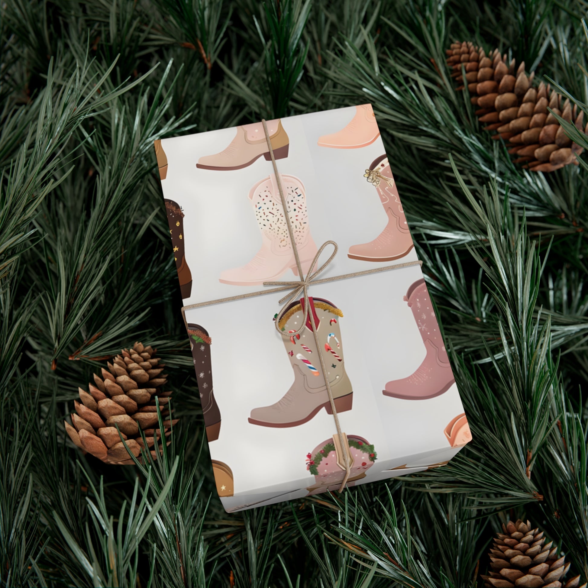 Wrapping Paper, Colorful Cowboy Boots Displaying Festive Holiday Designs, Christmas Wrapping, Gift Packaging, Festive Decor, Holiday Gift