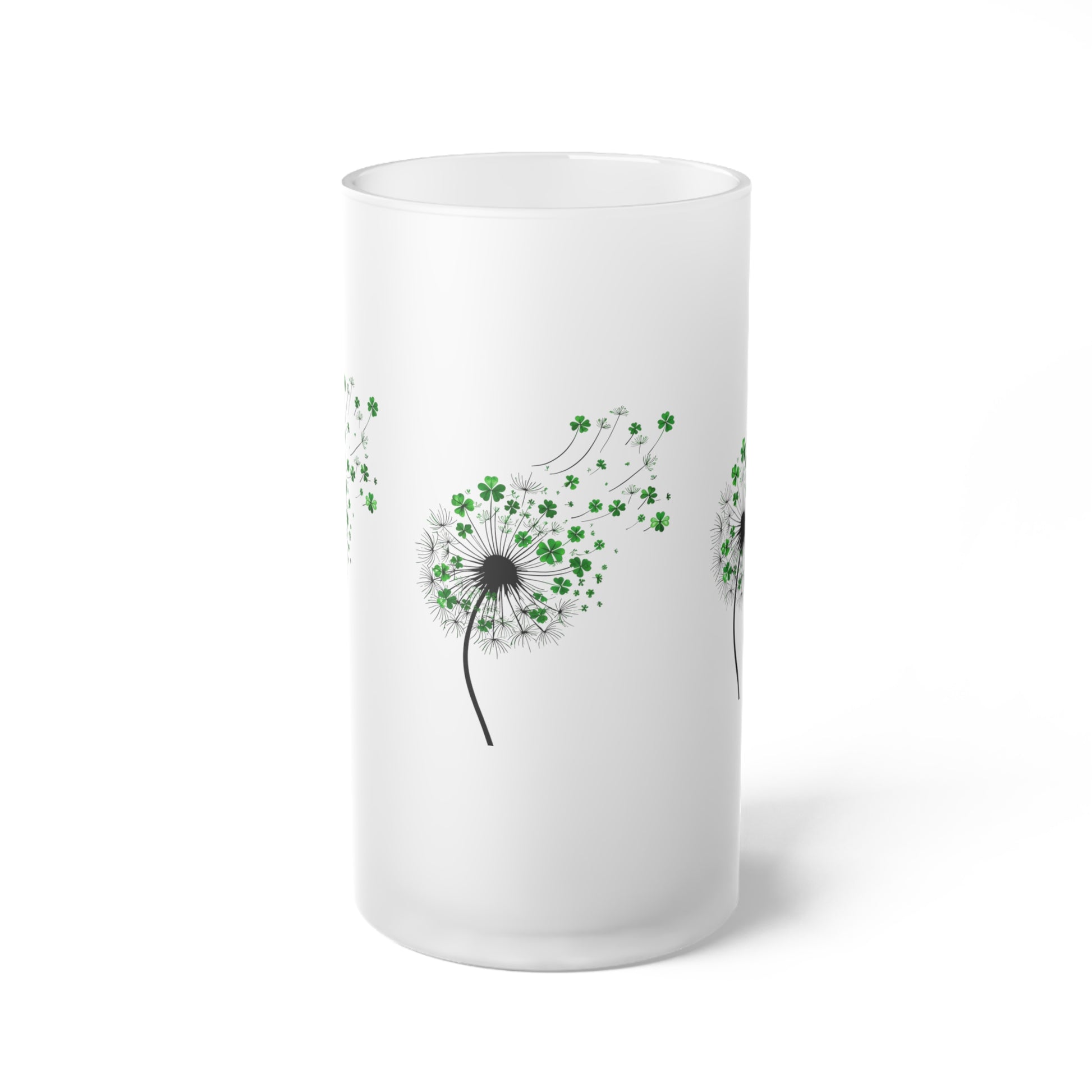 Beer Mug, Minimalist Watercolor Dandelion With Shamrock Elements, Frosted Glass Stein, Gift for Nature Lovers, St. Patrick's Day Decor,