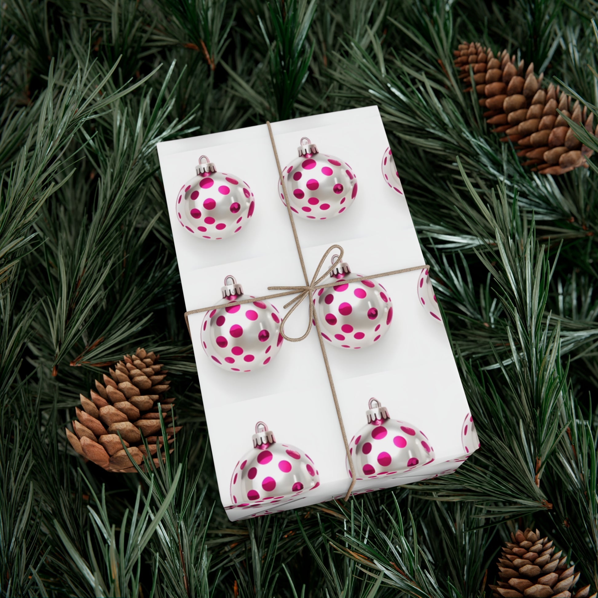 Wrapping Paper, Hot Pink Polka Dot Christmas Ornaments On White Background - Gift Wrap Rolls, Eco-Friendly Gift Wrap, Holiday