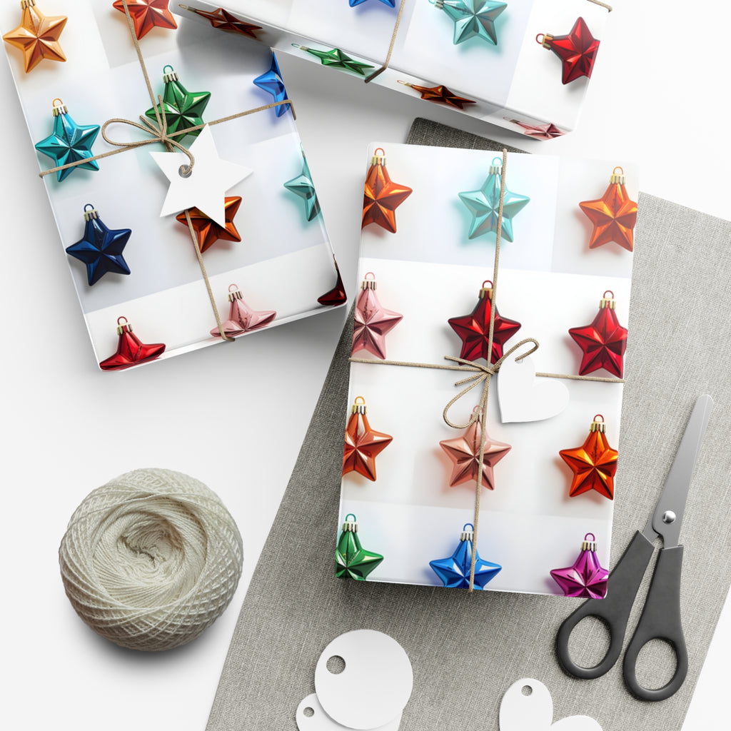 Wrapping Paper, Vibrant Star Christmas Ornaments On White Background - Gift Wrap Rolls, Eco-Friendly Gift Wrap, Holiday