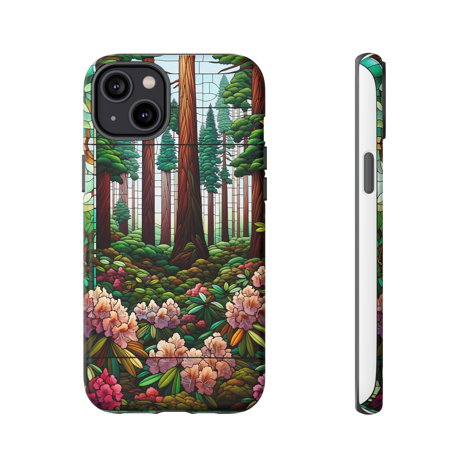 Nature Inspired Tough Cases - Redwood Trees & Rhododendrons Stained Glass iPhone Cover, Protective Phone Shell, Unique Samsung Galaxy Case,
