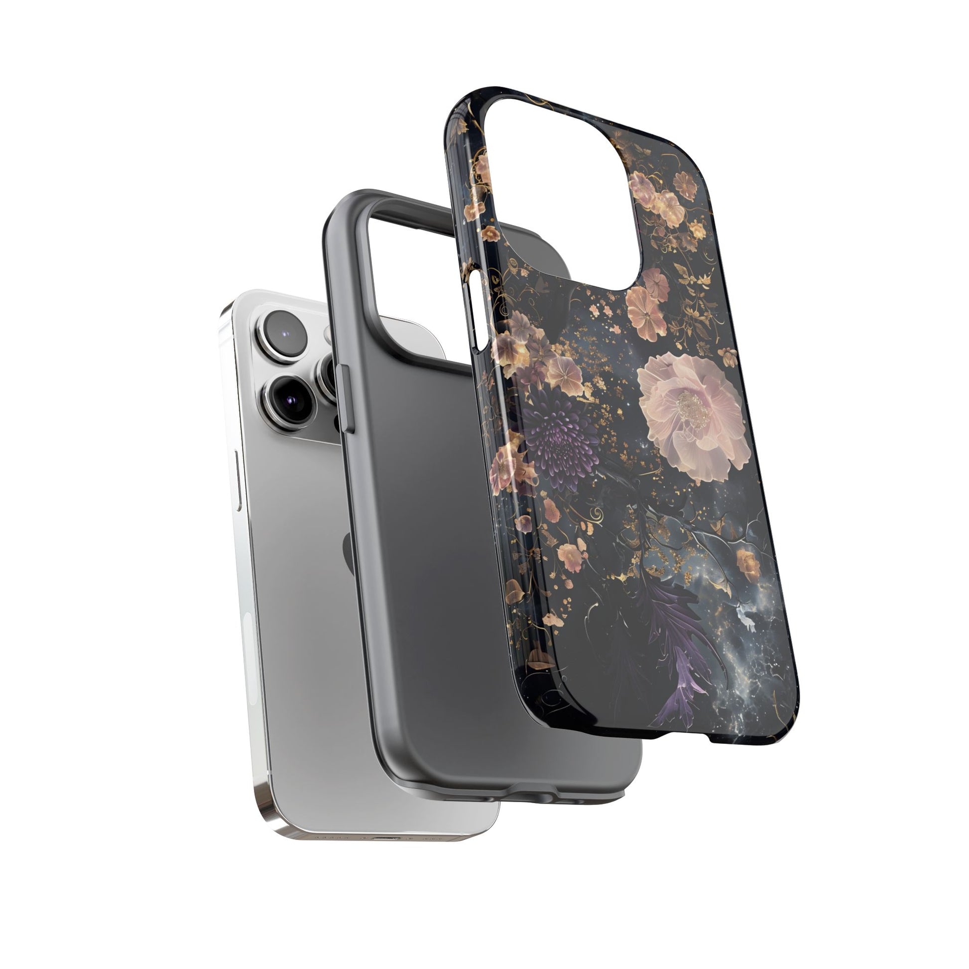 Phone Case, Whimsical Floral Pattern Against Cosmic Nebulous Background. Galaxy, Space, Tough Protective Cover, Unique Gift, Trendy