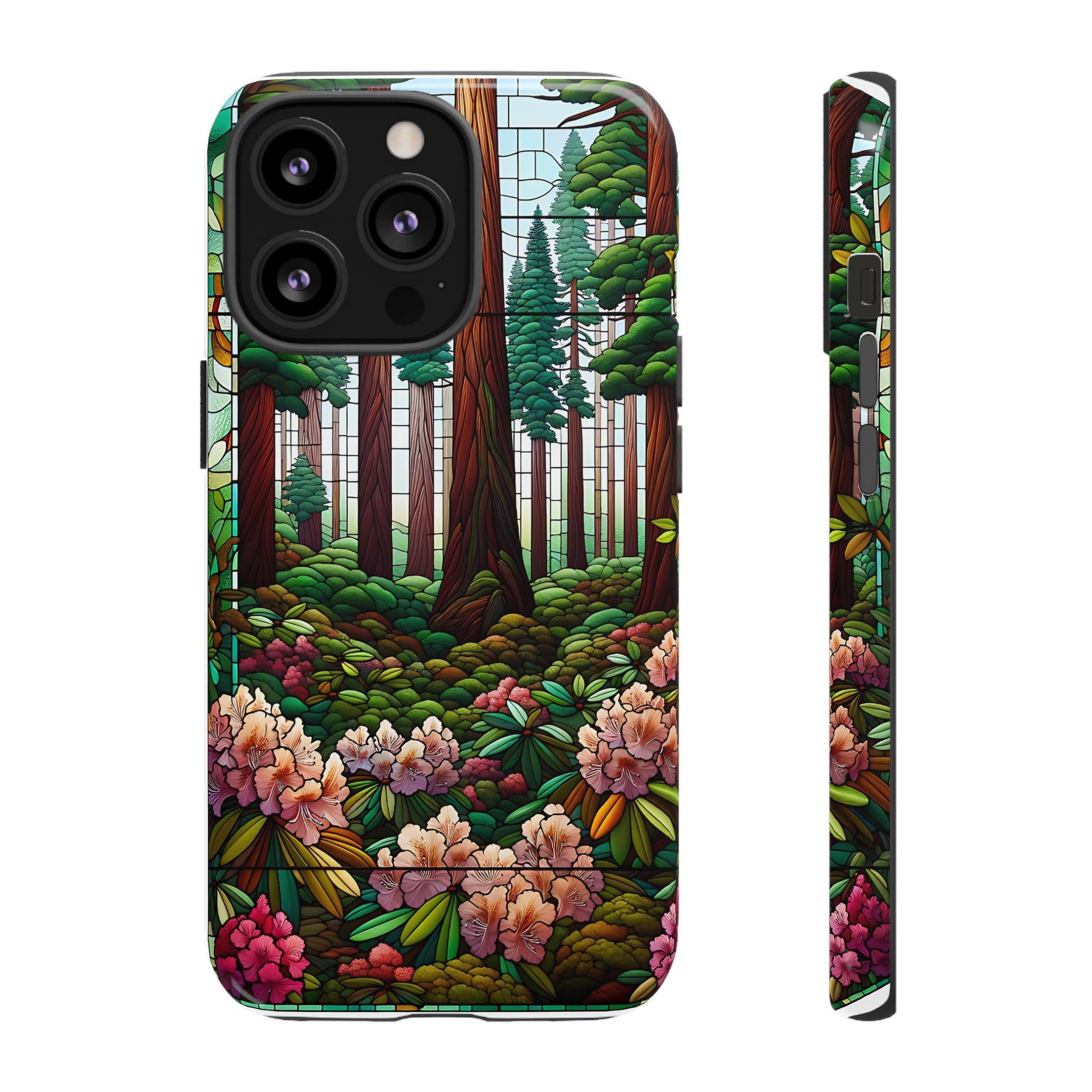 Nature Inspired Tough Cases - Redwood Trees & Rhododendrons Stained Glass iPhone Cover, Protective Phone Shell, Unique Samsung Galaxy Case,