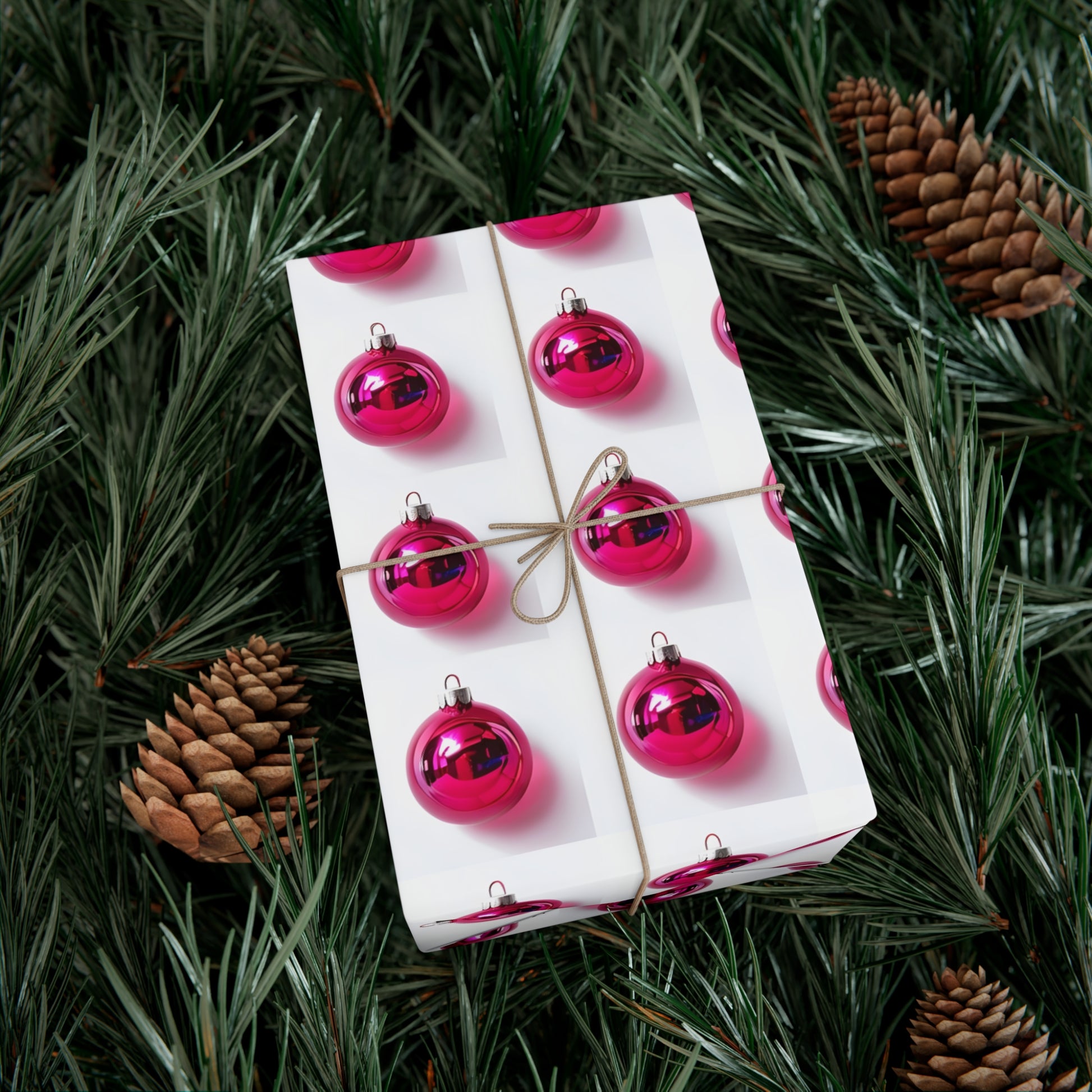 Wrapping Paper, Hot Pink Christmas Ornaments On White Background - Gift Wrap Rolls, Eco-Friendly Gift Wrap, Holiday