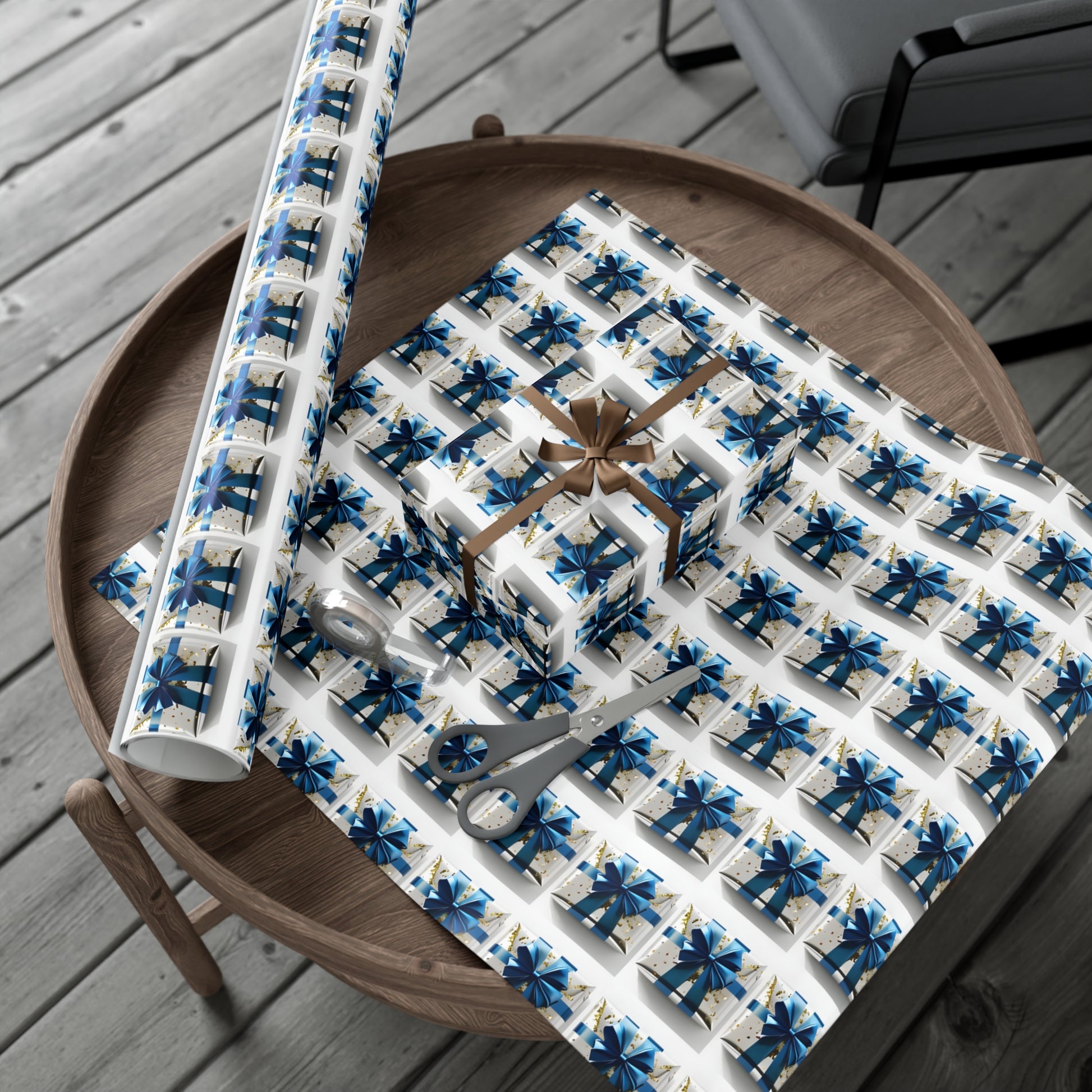 Wrapping Paper, Elegantly Wrapped Gifts On White Background with Blue Bows, Christmas Wrapping, Gift Packaging, Festive Decor, Holiday Gift