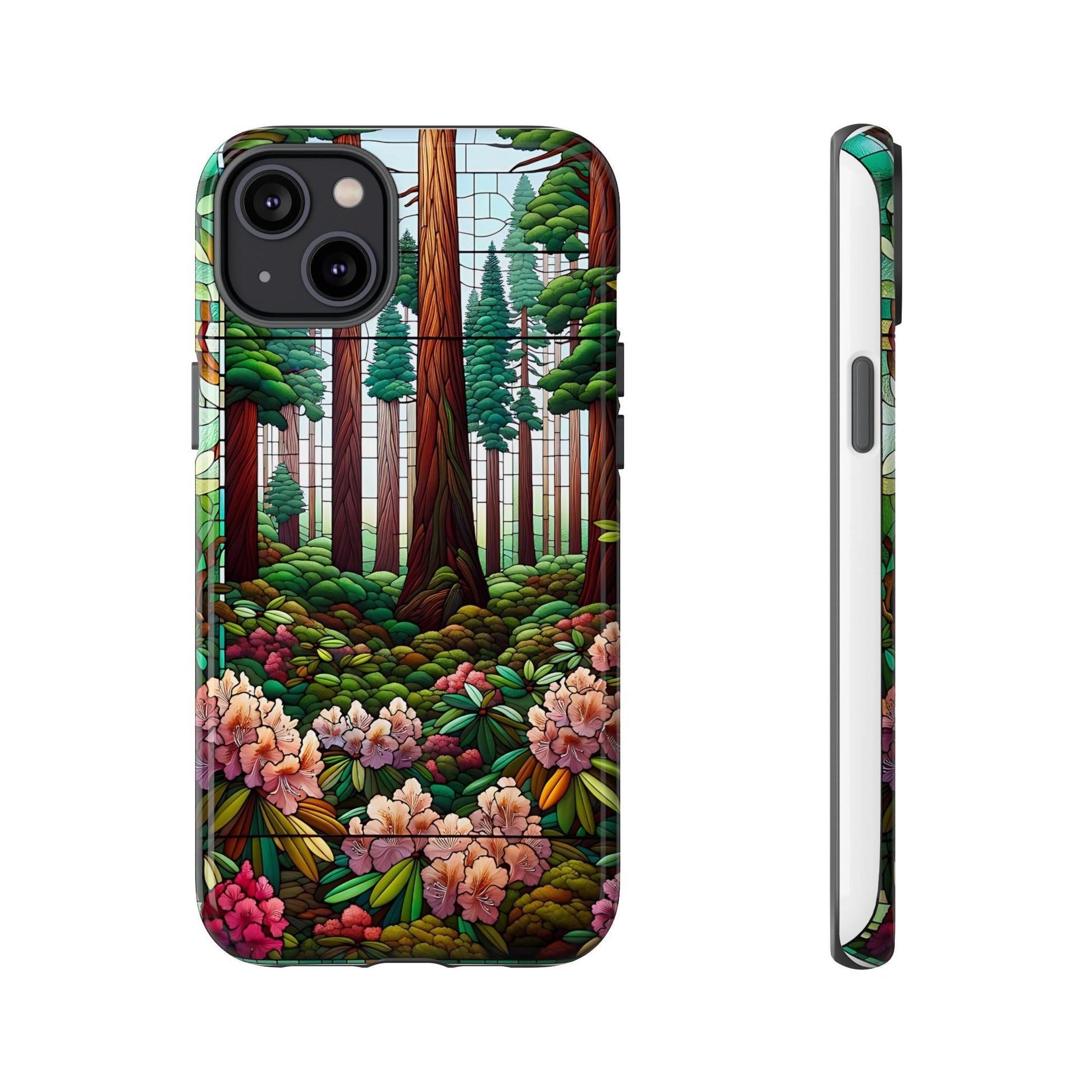 Nature Inspired Tough Cases - Redwood Trees & Rhododendrons Stained Glass iPhone Cover, Protective Phone Shell, Unique Samsung Galaxy Case,
