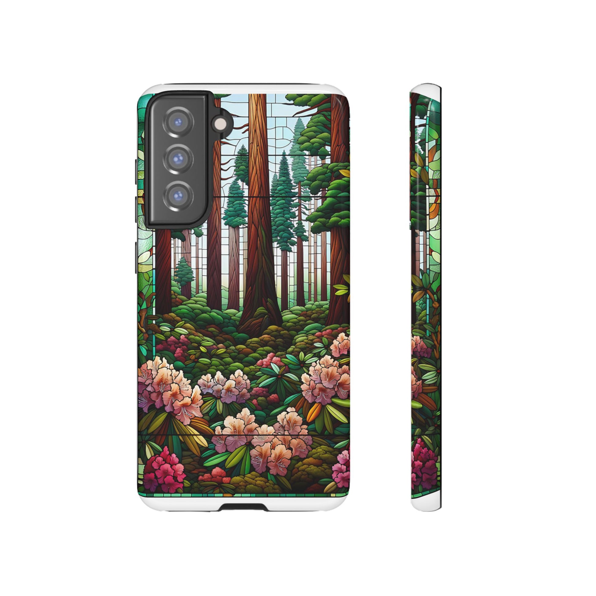 Nature Inspired Tough Cases - Redwood Trees & Rhododendrons Stained Glass iPhone Cover, Protective Phone Shell, Unique Samsung Galaxy Case,