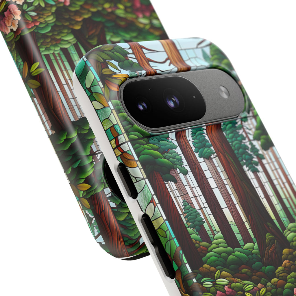 Nature Inspired Tough Cases - Redwood Trees & Rhododendrons Stained Glass iPhone Cover, Protective Phone Shell, Unique Samsung Galaxy Case,