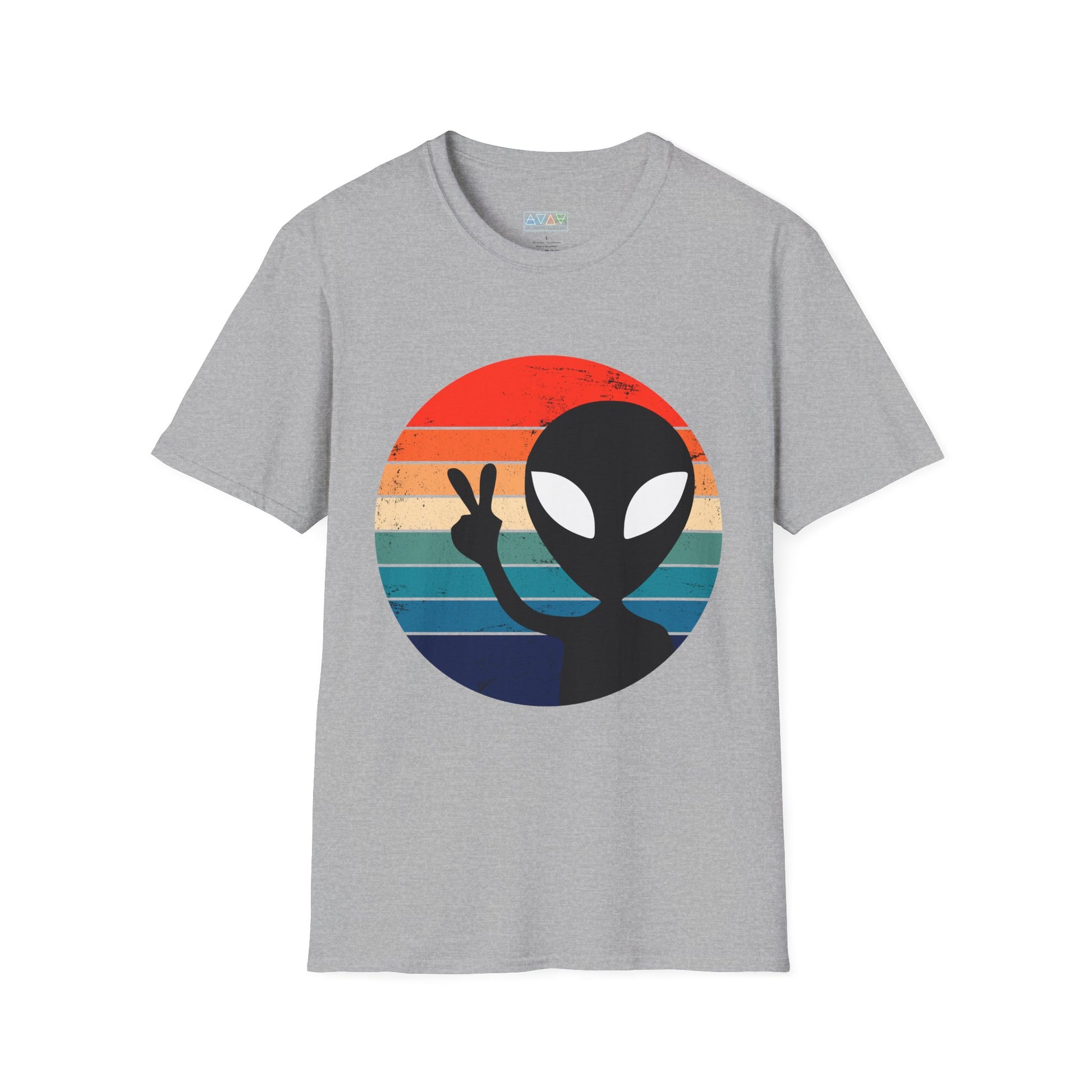 Retro Alien Vibes Unisex Softstyle T-Shirt, Cute Graphic Tee for Casual Wear, Fun Gift for Sci-Fi Lovers, Summer Party Shirt, Peace Sign Tee