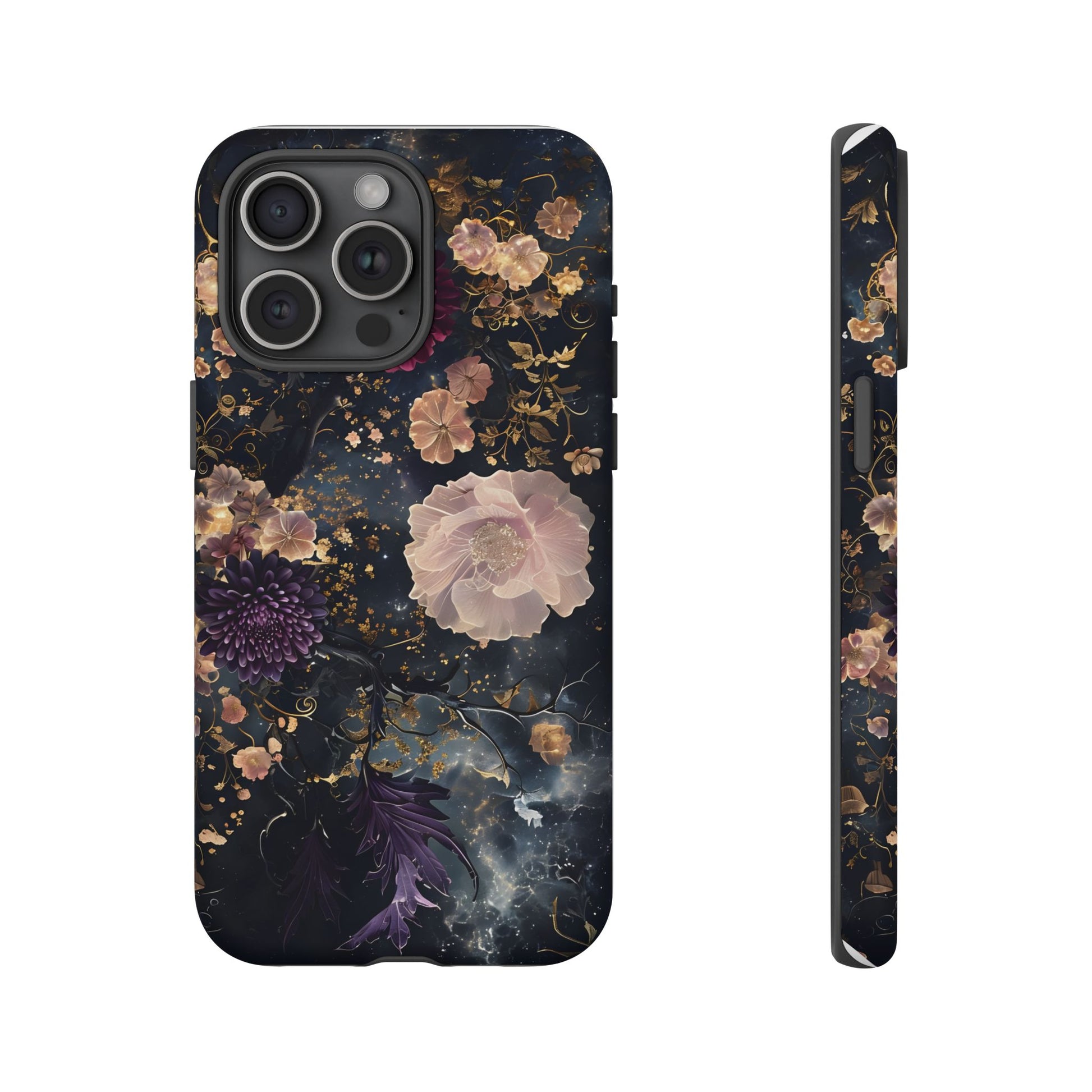 Phone Case, Whimsical Floral Pattern Against Cosmic Nebulous Background. Galaxy, Space, Tough Protective Cover, Unique Gift, Trendy