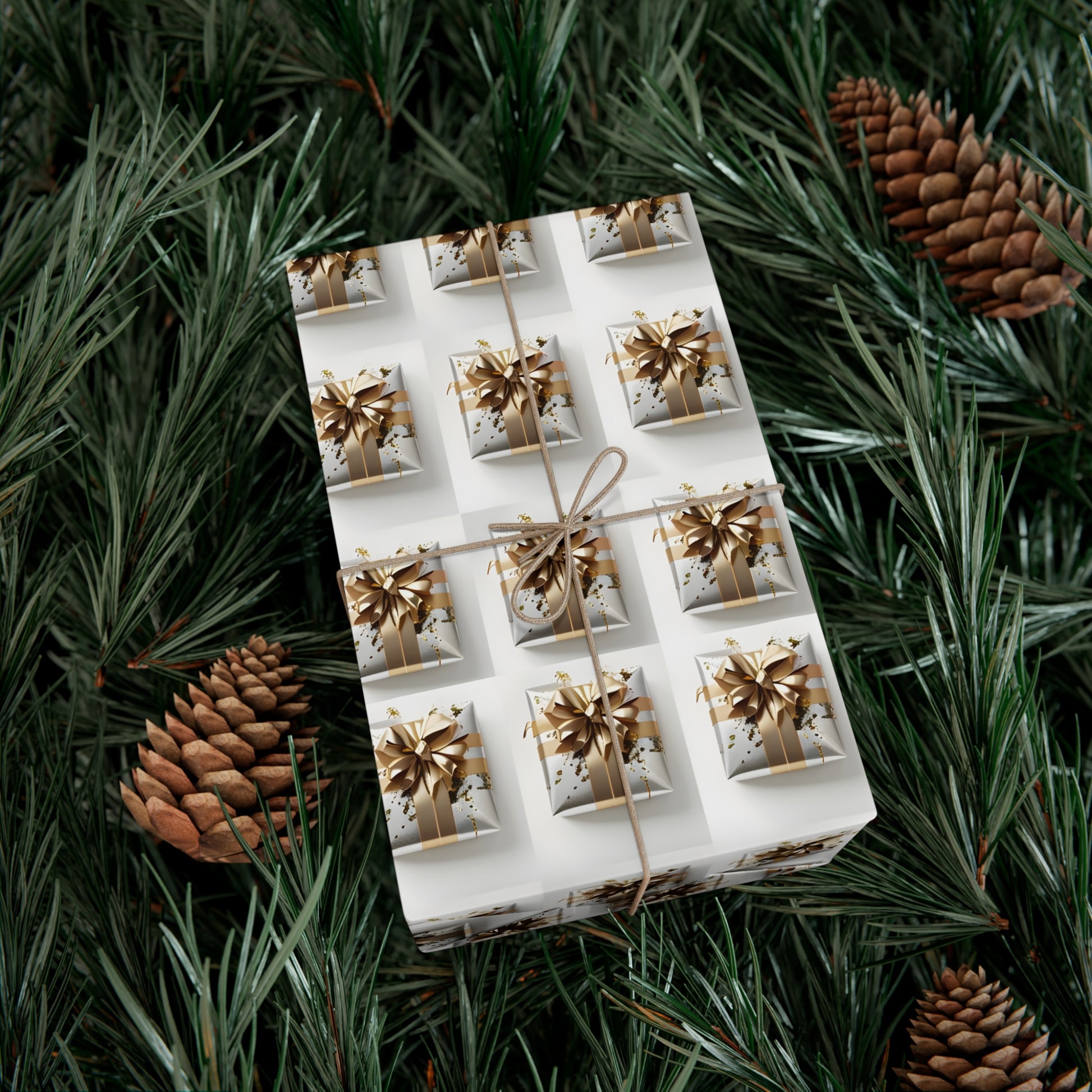 Wrapping Paper, Elegantly Wrapped Gifts On White Background with Gold Bows, Christmas Wrapping, Gift Packaging, Festive Decor, Holiday Gift