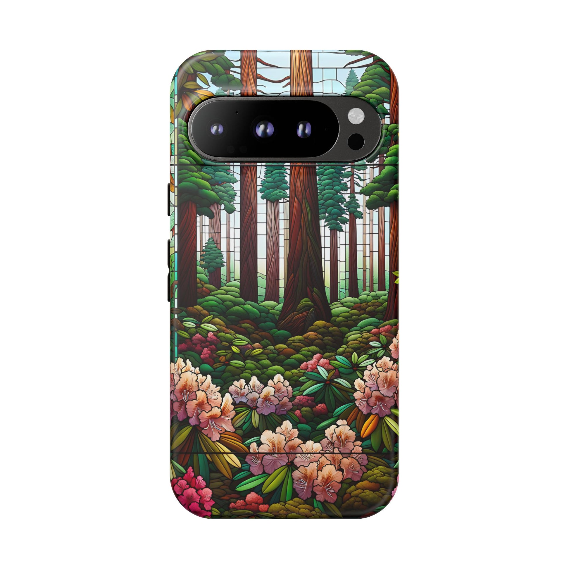 Nature Inspired Tough Cases - Redwood Trees & Rhododendrons Stained Glass iPhone Cover, Protective Phone Shell, Unique Samsung Galaxy Case,