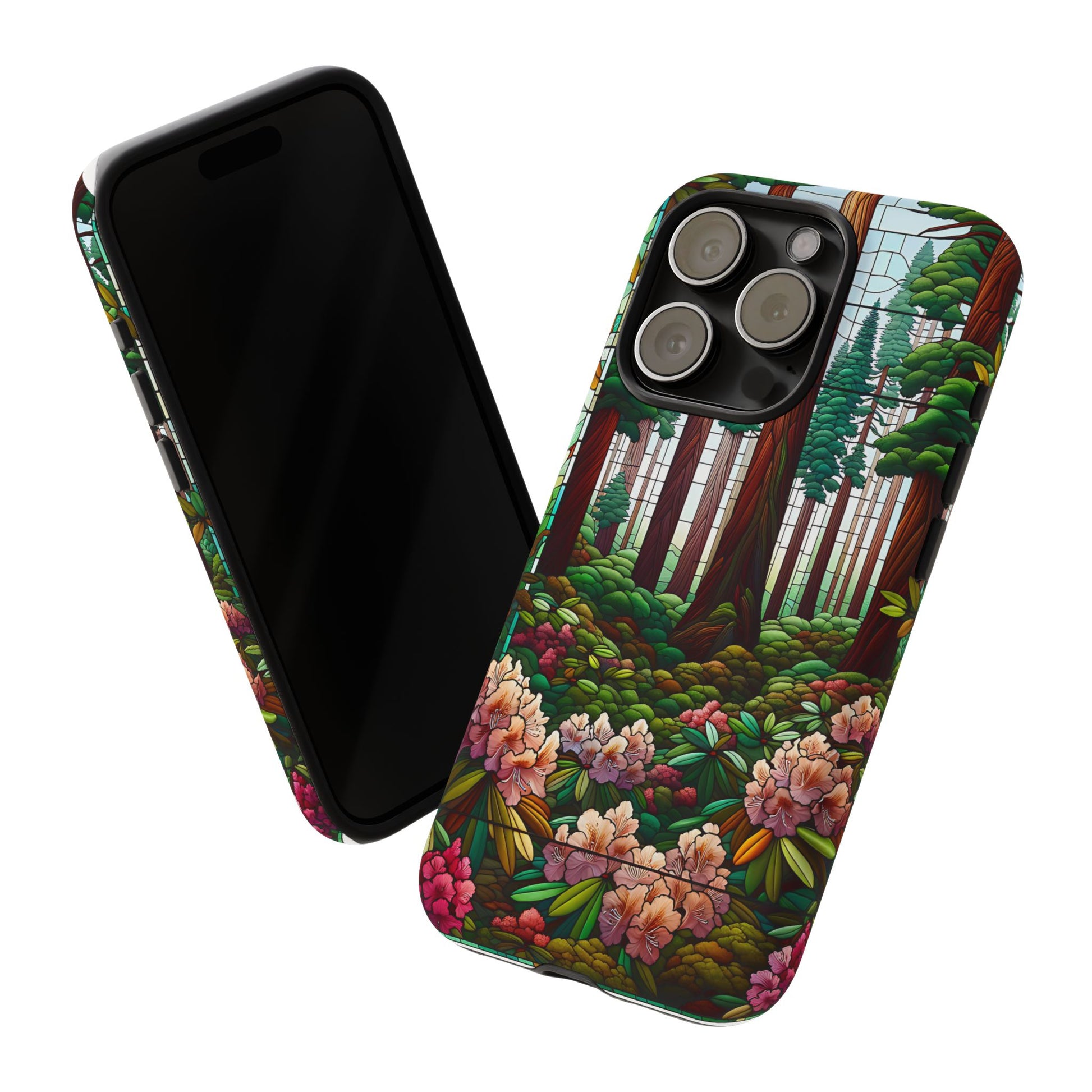 Nature Inspired Tough Cases - Redwood Trees & Rhododendrons Stained Glass iPhone Cover, Protective Phone Shell, Unique Samsung Galaxy Case,