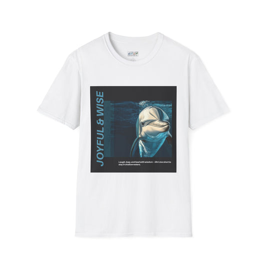 Joyful & Wise Dolphin T-Shirt, Unisex Softstyle Tee for Marine Life Lovers, Ocean-Themed Gift, Casual Wear, Beach Day Shirt