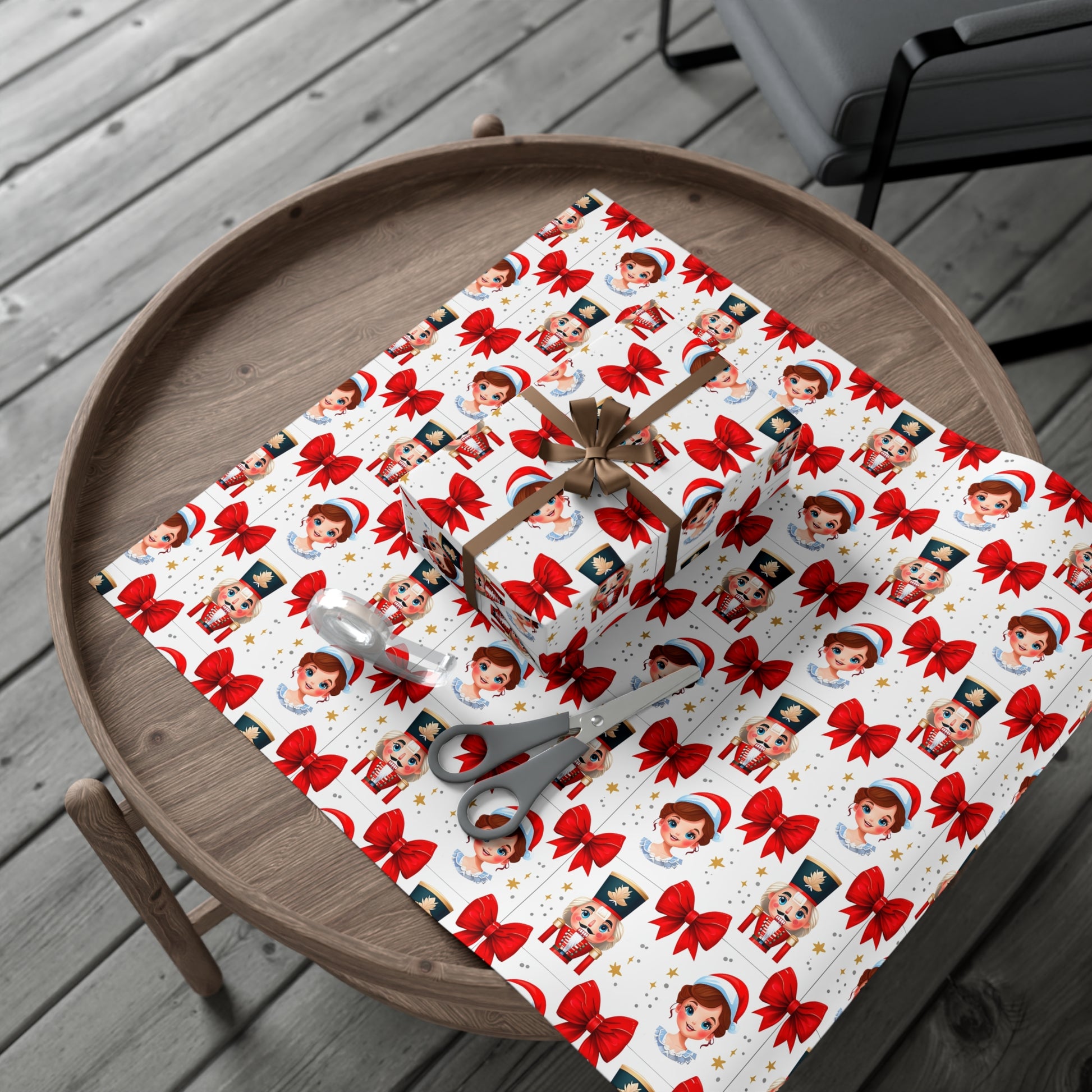 Wrapping Paper, Festive Cartoon Nutcracker And Clara Pattern With Bows - Gift Wrap Rolls, Eco-Friendly Gift Wrap, Holiday Season Wrapping