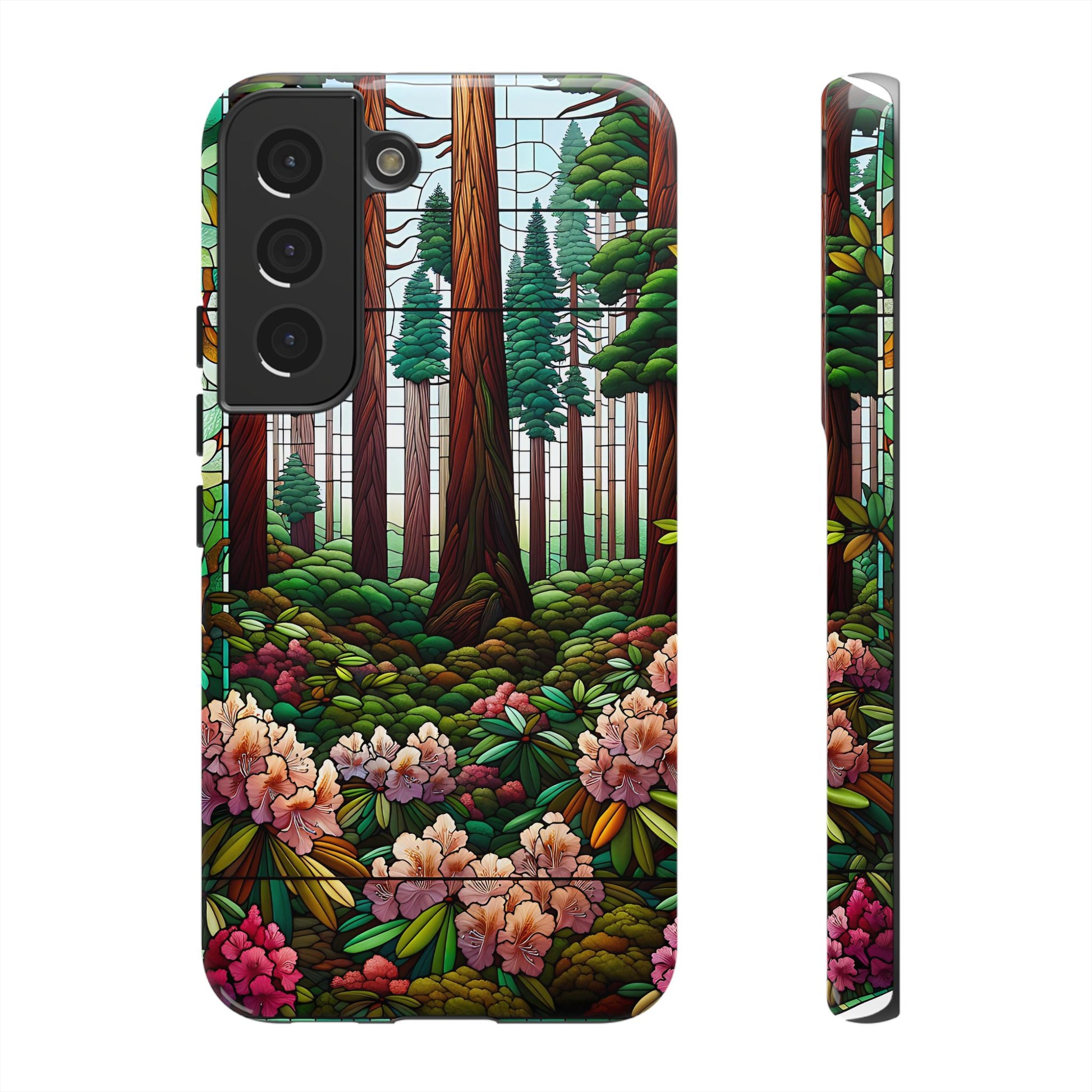 Nature Inspired Tough Cases - Redwood Trees & Rhododendrons Stained Glass iPhone Cover, Protective Phone Shell, Unique Samsung Galaxy Case,