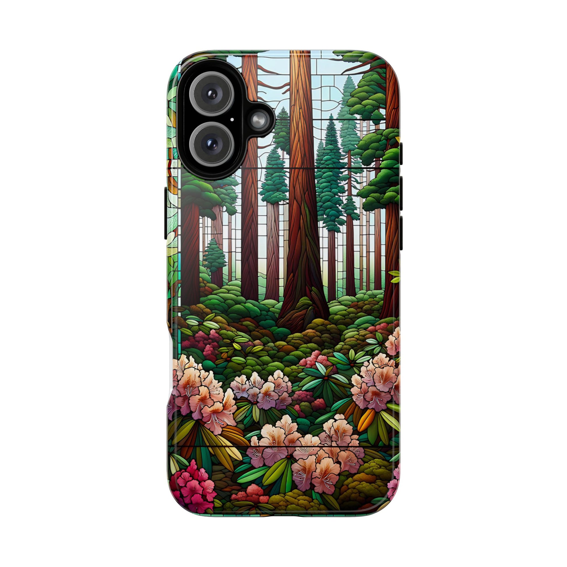 Nature Inspired Tough Cases - Redwood Trees & Rhododendrons Stained Glass iPhone Cover, Protective Phone Shell, Unique Samsung Galaxy Case,