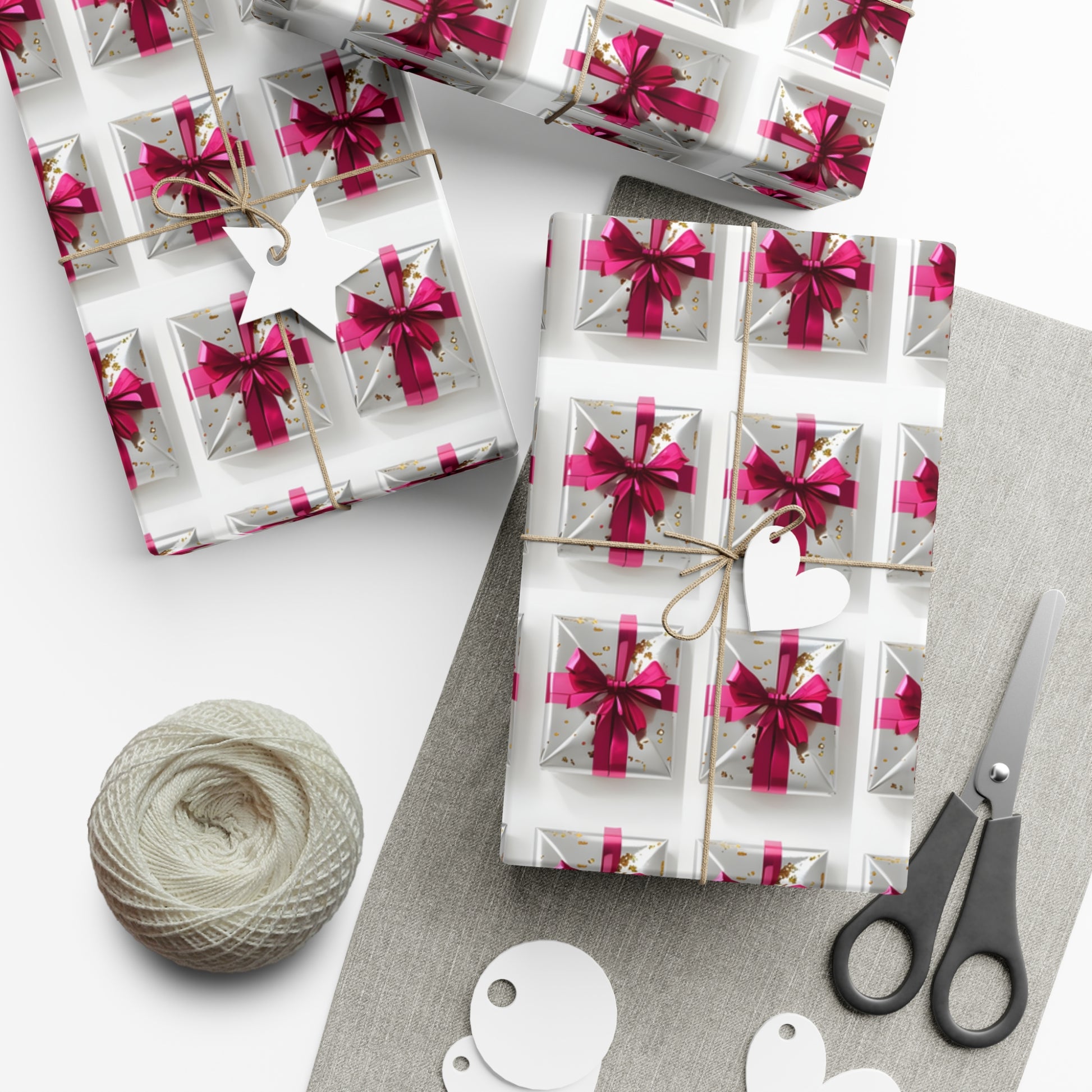 Wrapping Paper, Elegantly Wrapped Gifts On White Background with Hot Pink Bows - Gift Wrap Rolls, Eco-Friendly Gift Wrap, Holiday