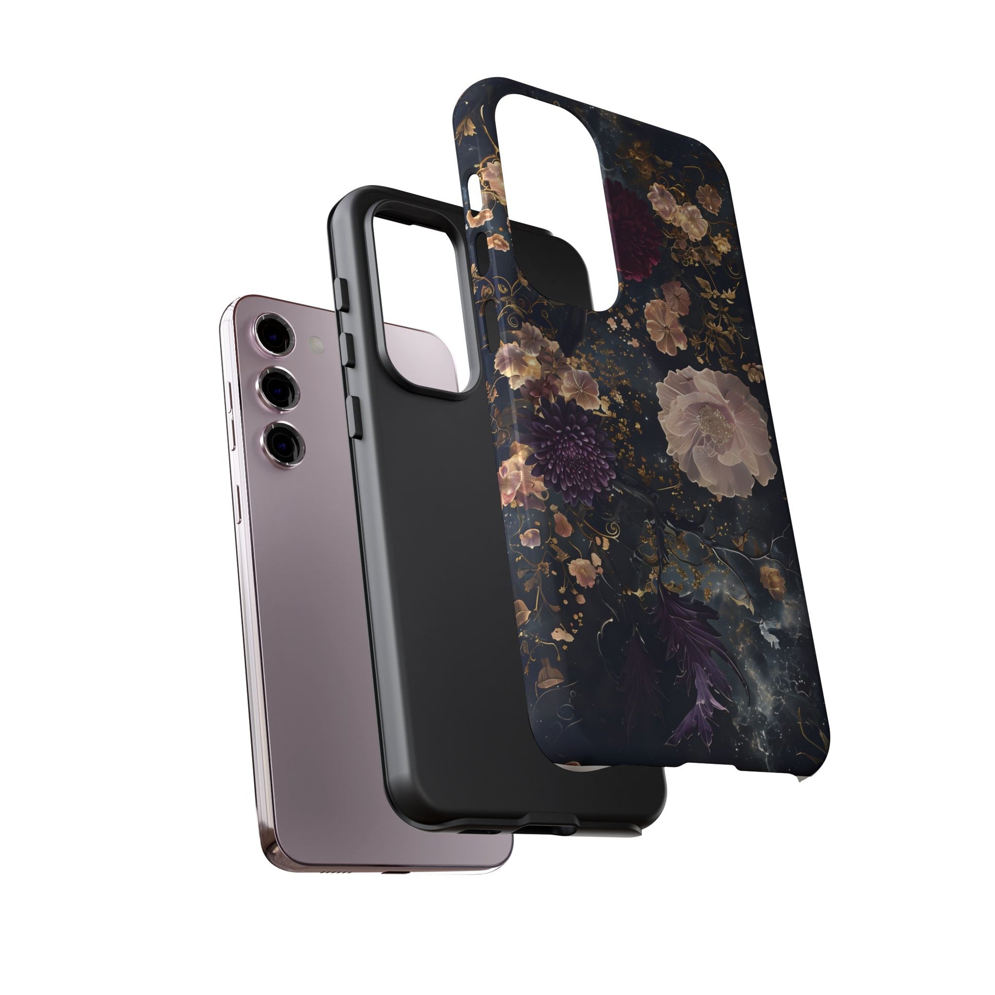 Phone Case, Whimsical Floral Pattern Against Cosmic Nebulous Background. Galaxy, Space, Tough Protective Cover, Unique Gift, Trendy