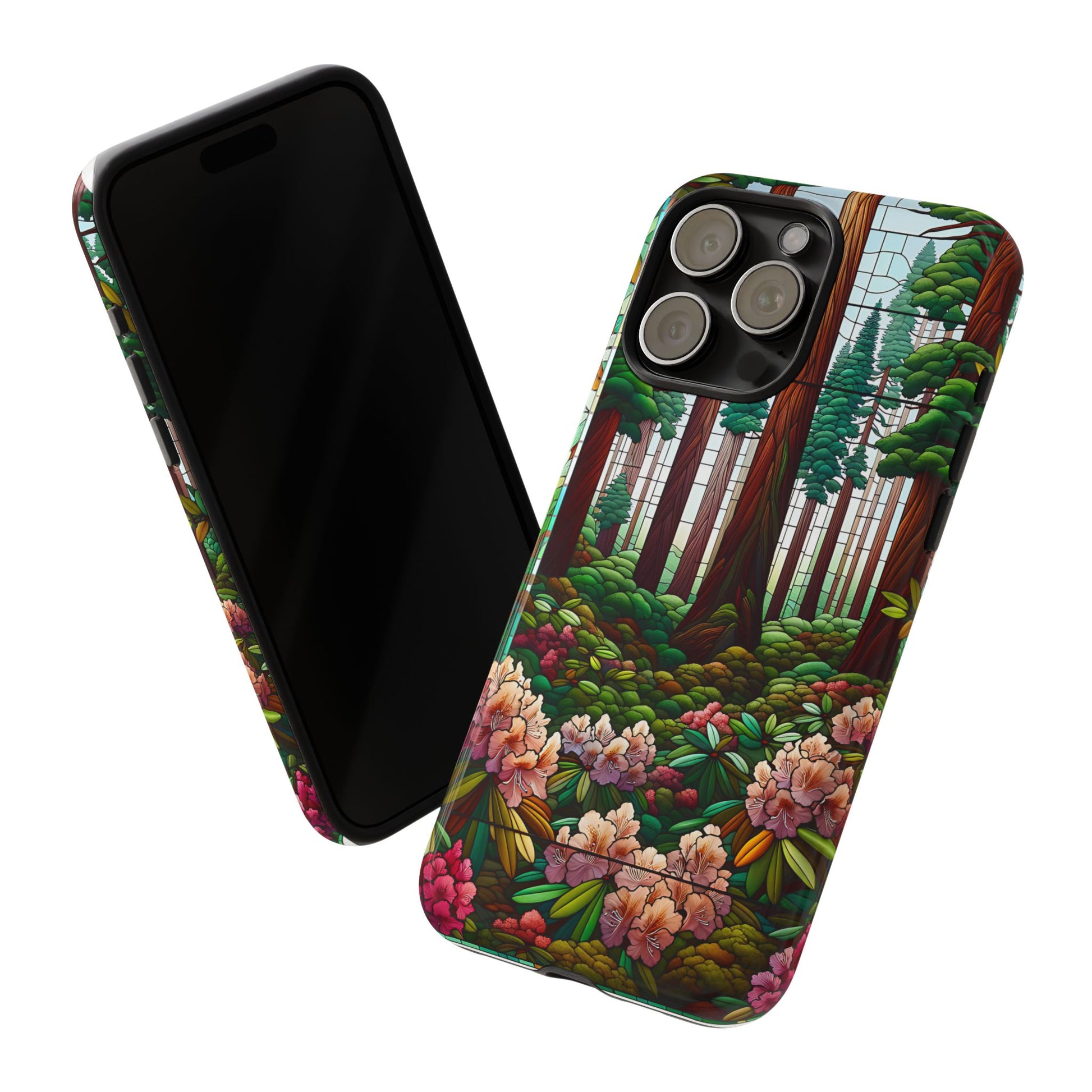 Nature Inspired Tough Cases - Redwood Trees & Rhododendrons Stained Glass iPhone Cover, Protective Phone Shell, Unique Samsung Galaxy Case,