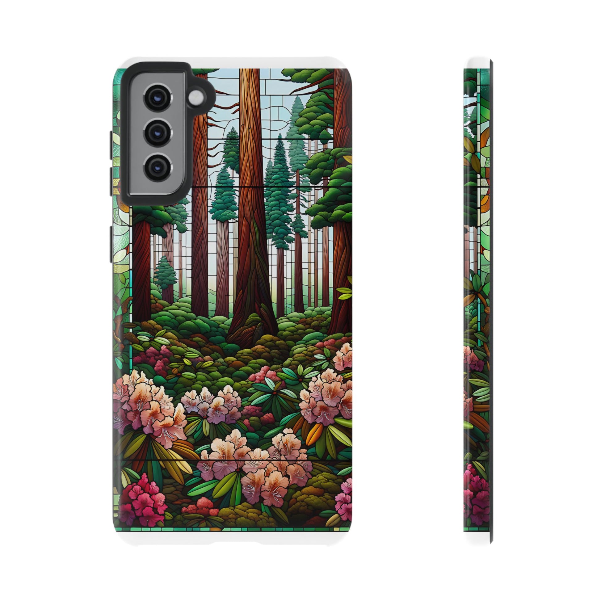 Nature Inspired Tough Cases - Redwood Trees & Rhododendrons Stained Glass iPhone Cover, Protective Phone Shell, Unique Samsung Galaxy Case,