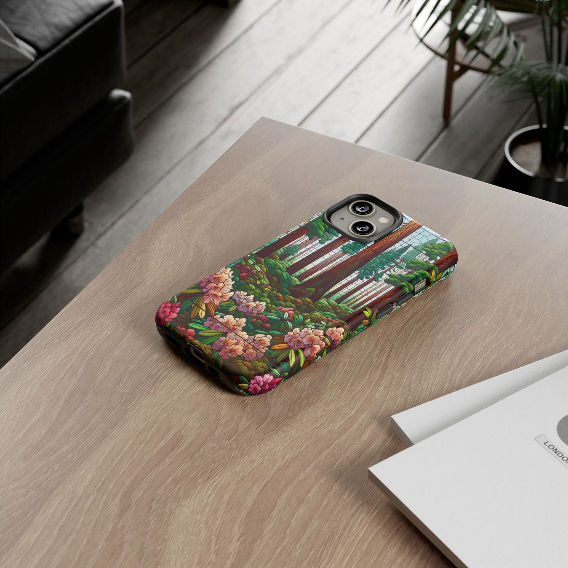 Nature Inspired Tough Cases - Redwood Trees & Rhododendrons Stained Glass iPhone Cover, Protective Phone Shell, Unique Samsung Galaxy Case,