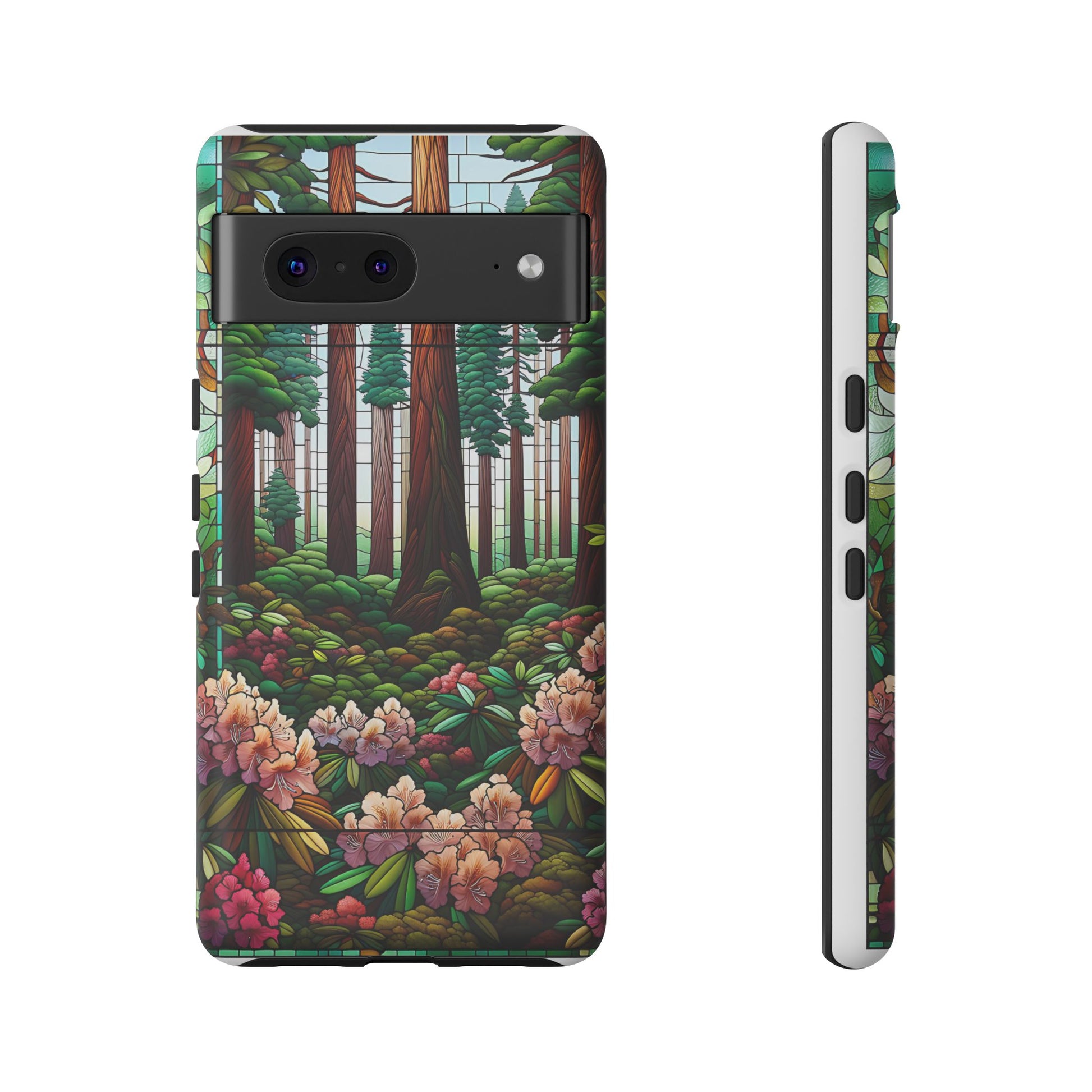 Nature Inspired Tough Cases - Redwood Trees & Rhododendrons Stained Glass iPhone Cover, Protective Phone Shell, Unique Samsung Galaxy Case,