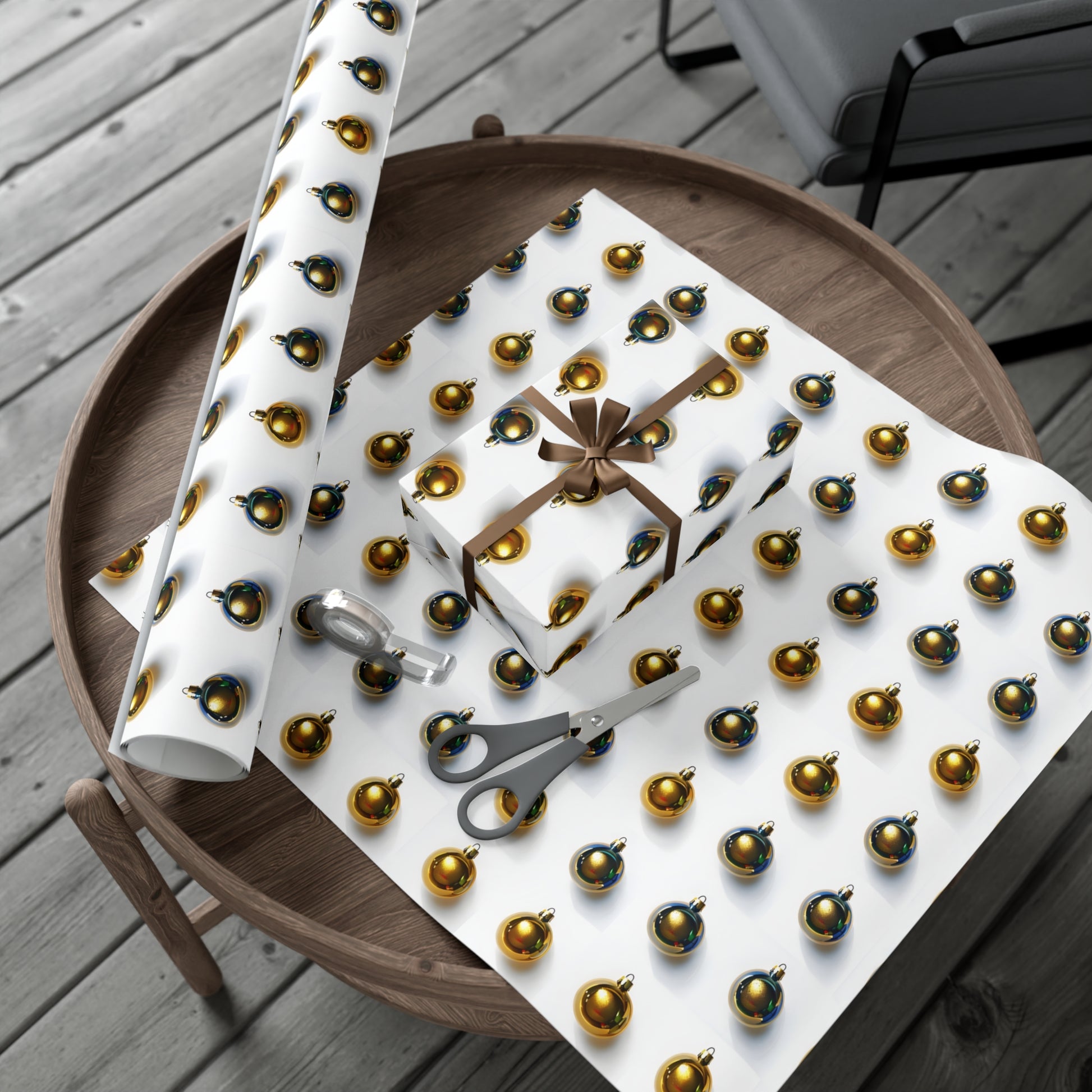 Wrapping Paper, Gold Christmas Ornaments On White Background - Gift Wrap Rolls, Eco-Friendly Gift Wrap, Holiday