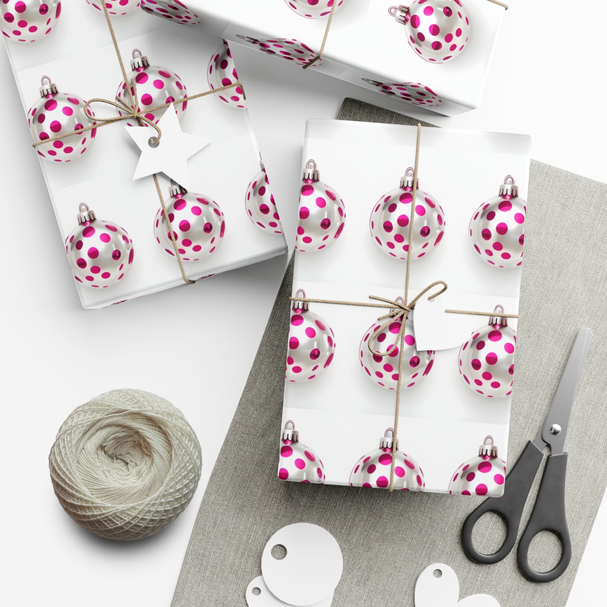 Wrapping Paper, Hot Pink Polka Dot Christmas Ornaments On White Background - Gift Wrap Rolls, Eco-Friendly Gift Wrap, Holiday