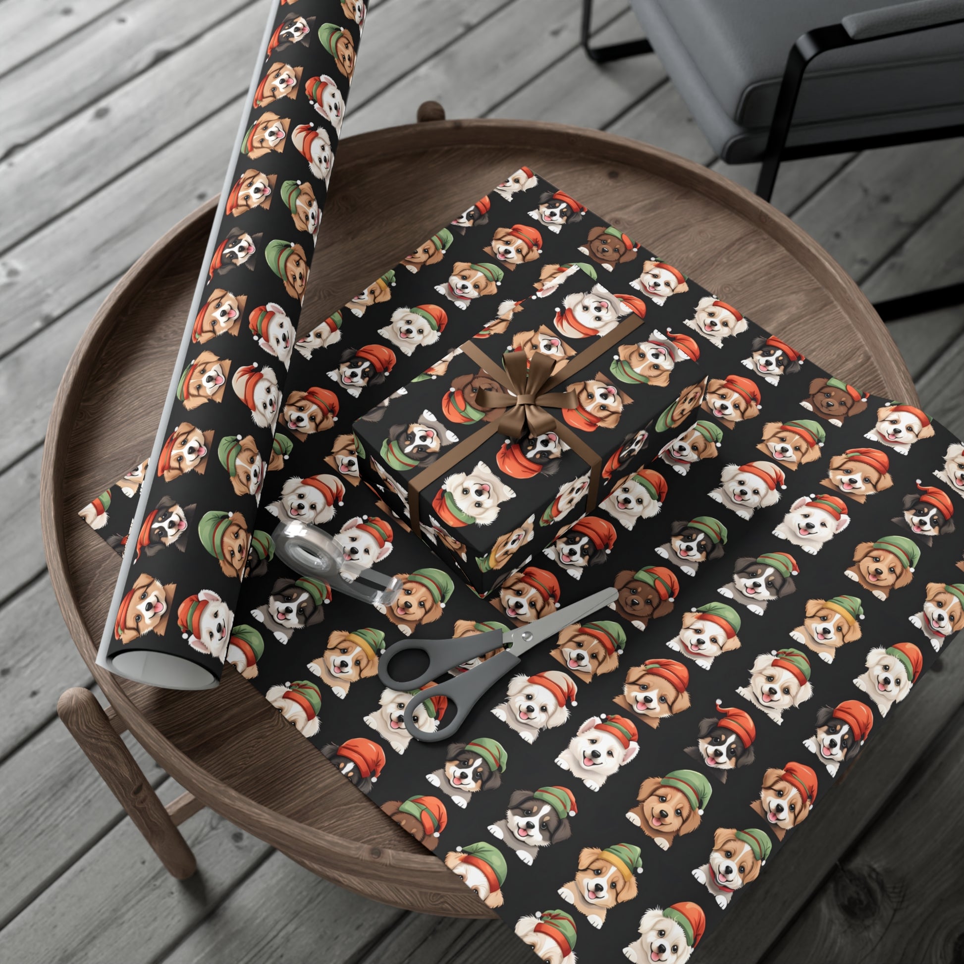 Cute Puppies Elf Caps Gift Wrap Papers - Festive Christmas Wrapping Paper Roll, Holiday Gift Packaging, Adorable Dog Lover Gift Wrap, Pet