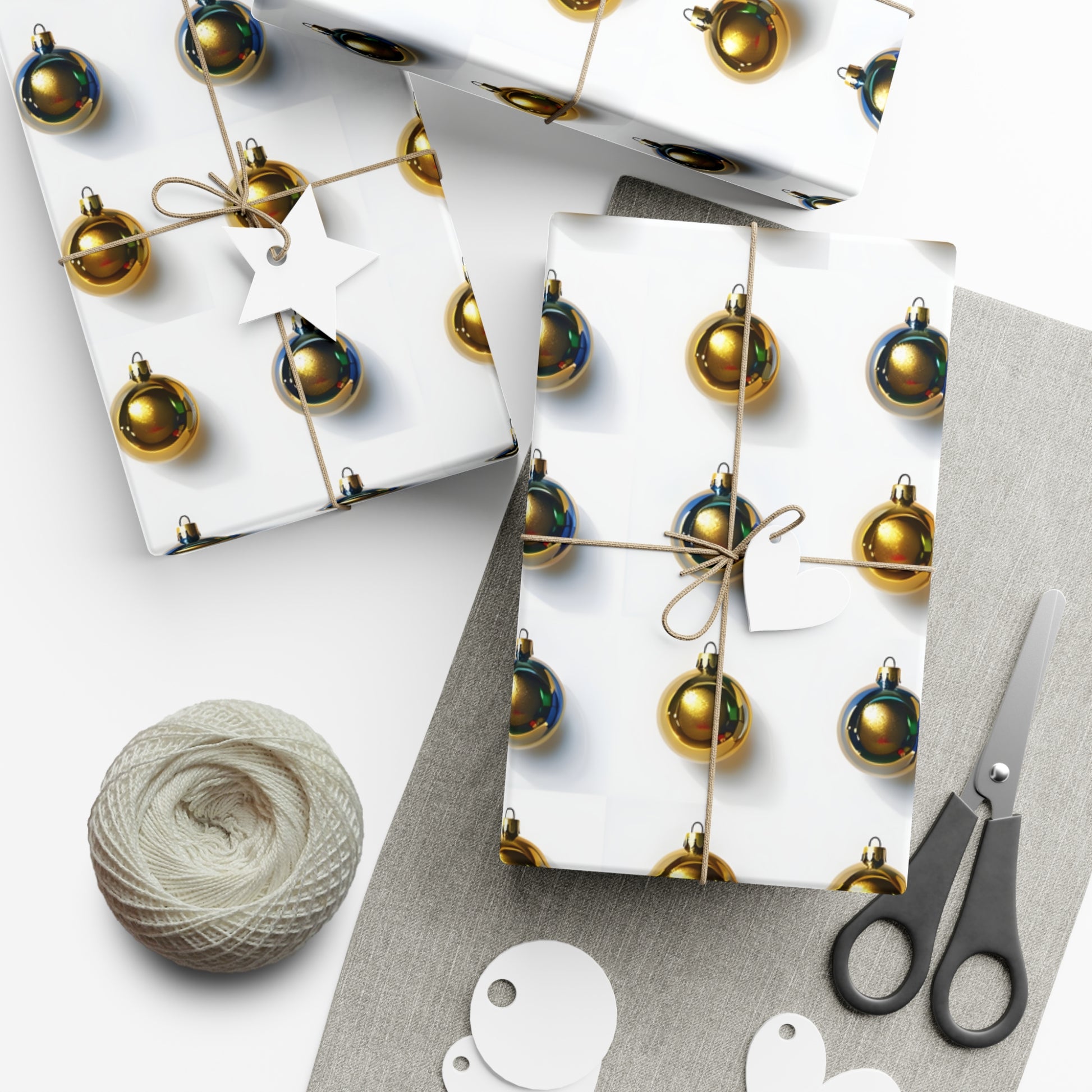 Wrapping Paper, Gold Christmas Ornaments On White Background - Gift Wrap Rolls, Eco-Friendly Gift Wrap, Holiday