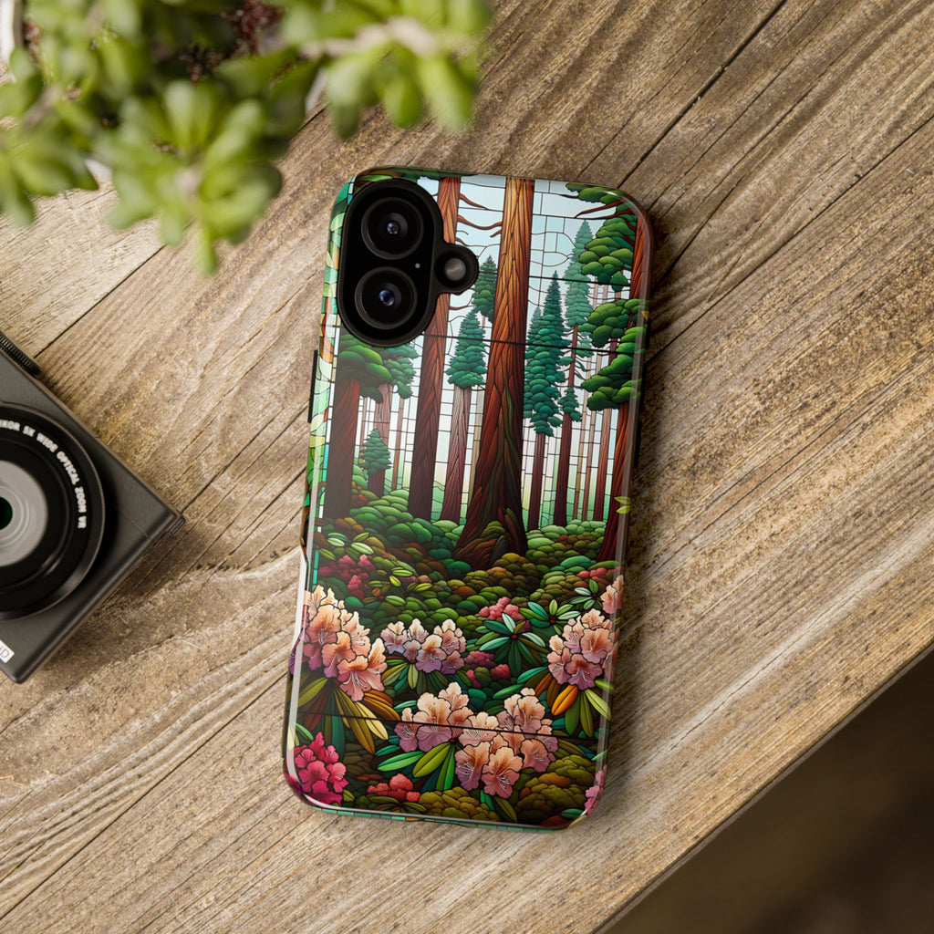 Nature Inspired Tough Cases - Redwood Trees & Rhododendrons Stained Glass iPhone Cover, Protective Phone Shell, Unique Samsung Galaxy Case,
