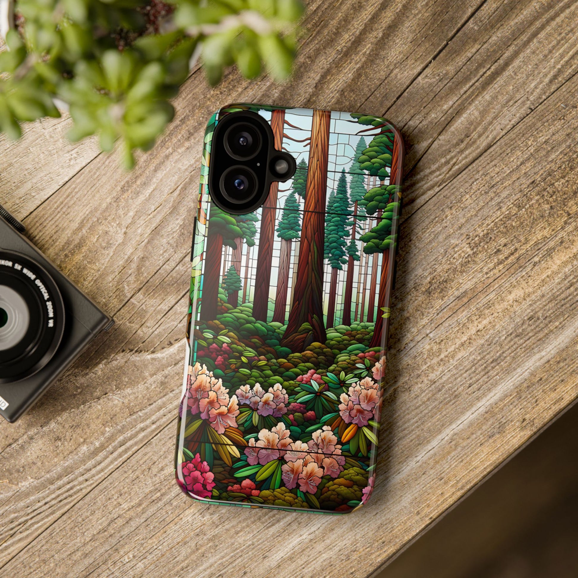 Nature Inspired Tough Cases - Redwood Trees & Rhododendrons Stained Glass iPhone Cover, Protective Phone Shell, Unique Samsung Galaxy Case,
