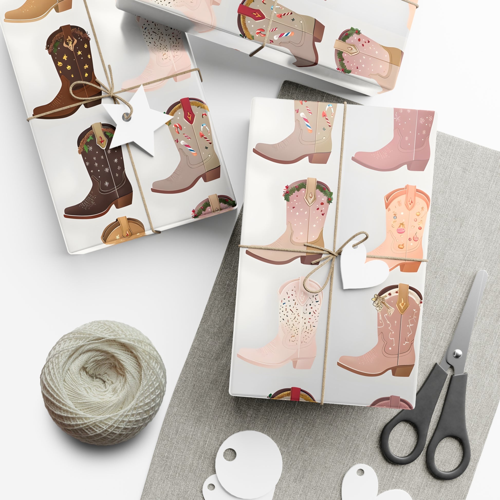 Wrapping Paper, Colorful Cowboy Boots Displaying Festive Holiday Designs, Christmas Wrapping, Gift Packaging, Festive Decor, Holiday Gift