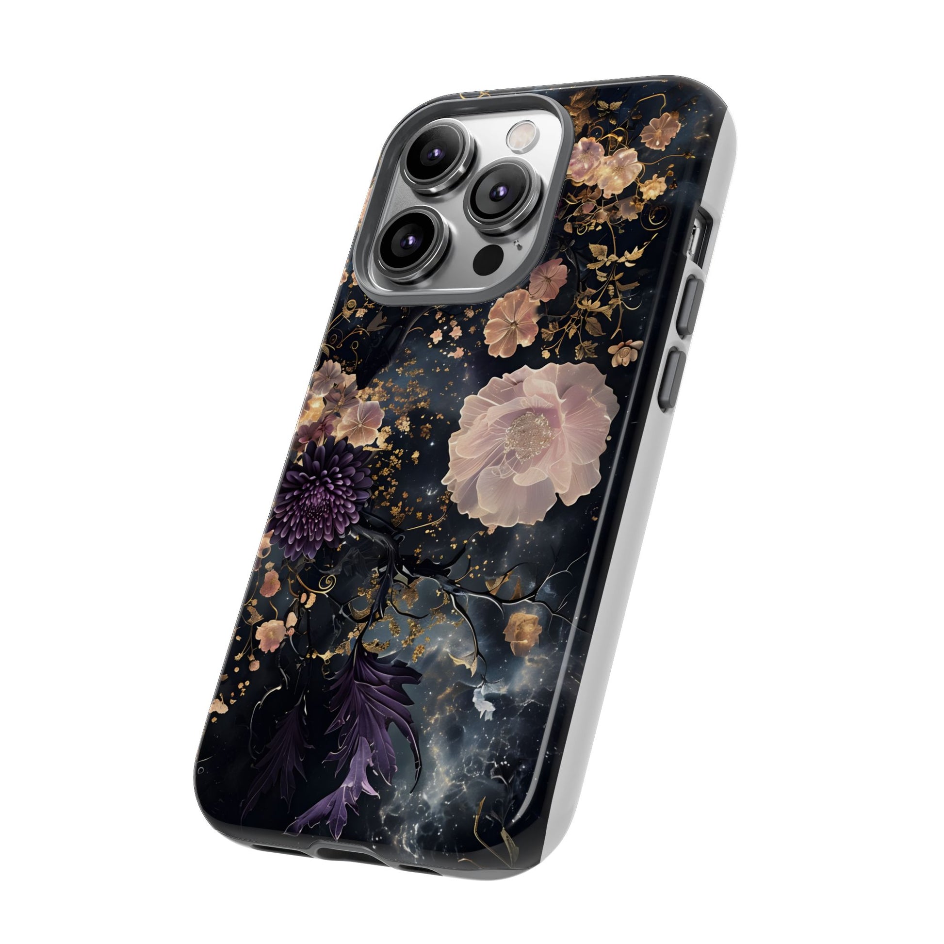 Phone Case, Whimsical Floral Pattern Against Cosmic Nebulous Background. Galaxy, Space, Tough Protective Cover, Unique Gift, Trendy