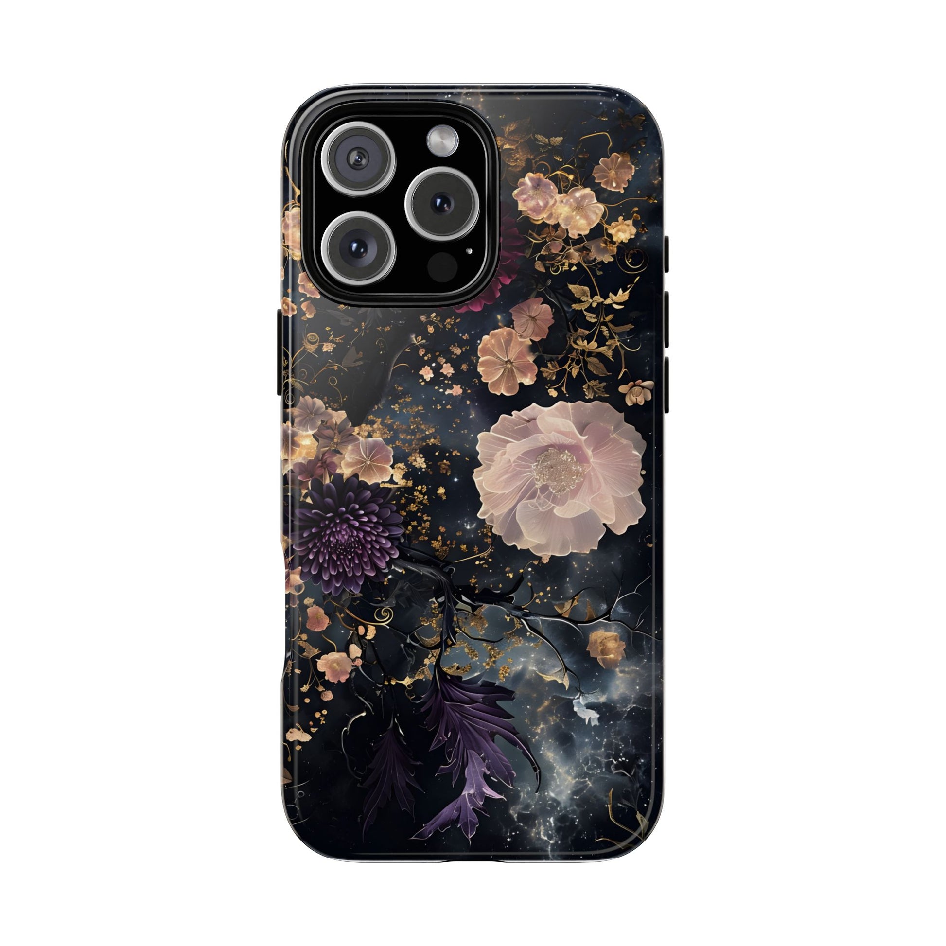 Phone Case, Whimsical Floral Pattern Against Cosmic Nebulous Background. Galaxy, Space, Tough Protective Cover, Unique Gift, Trendy