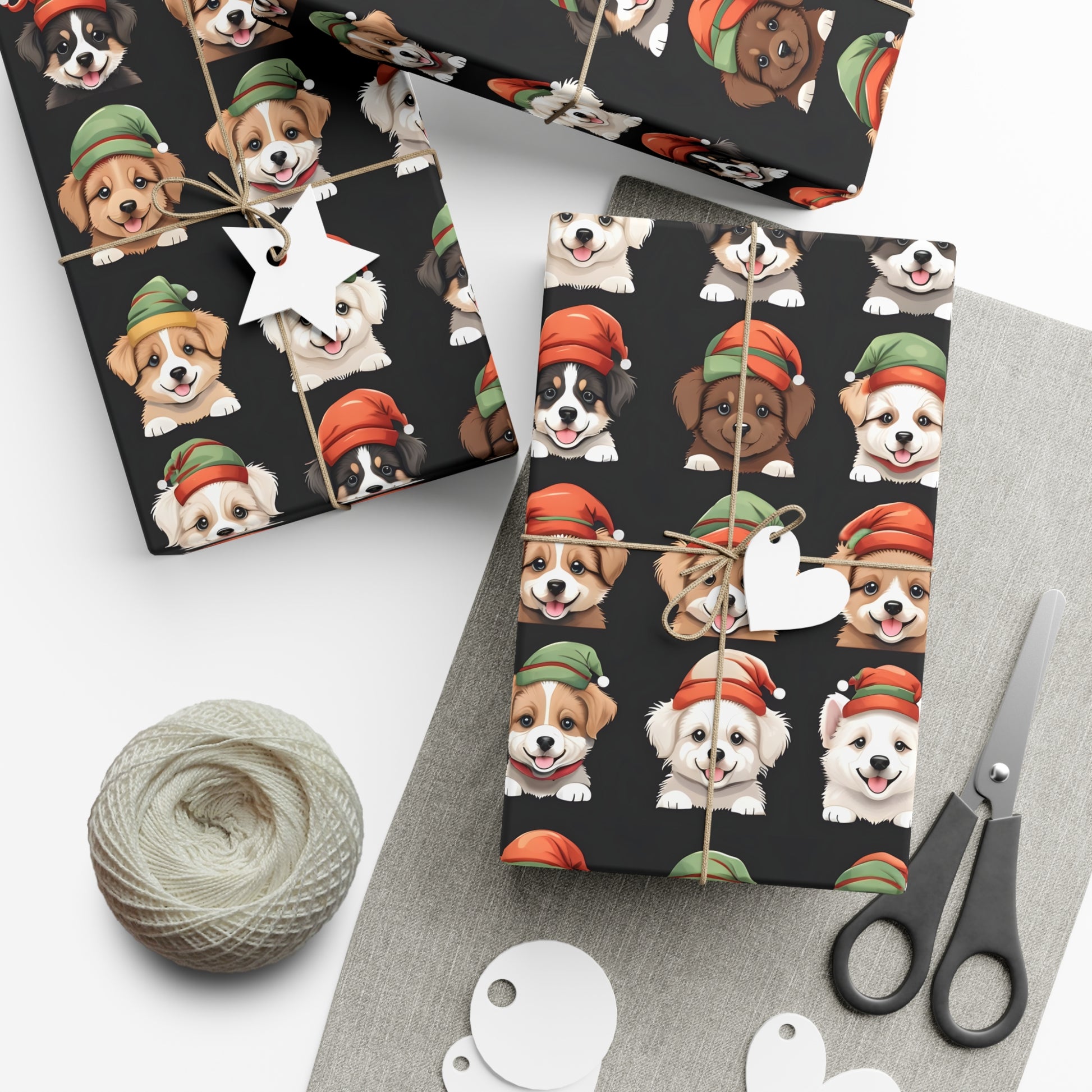 Cute Puppies Elf Caps Gift Wrap Papers - Festive Christmas Wrapping Paper Roll, Holiday Gift Packaging, Adorable Dog Lover Gift Wrap, Pet