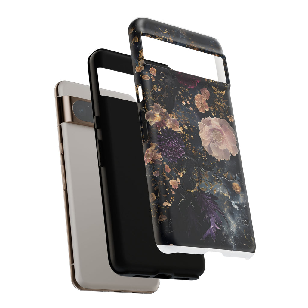 Phone Case, Whimsical Floral Pattern Against Cosmic Nebulous Background. Galaxy, Space, Tough Protective Cover, Unique Gift, Trendy
