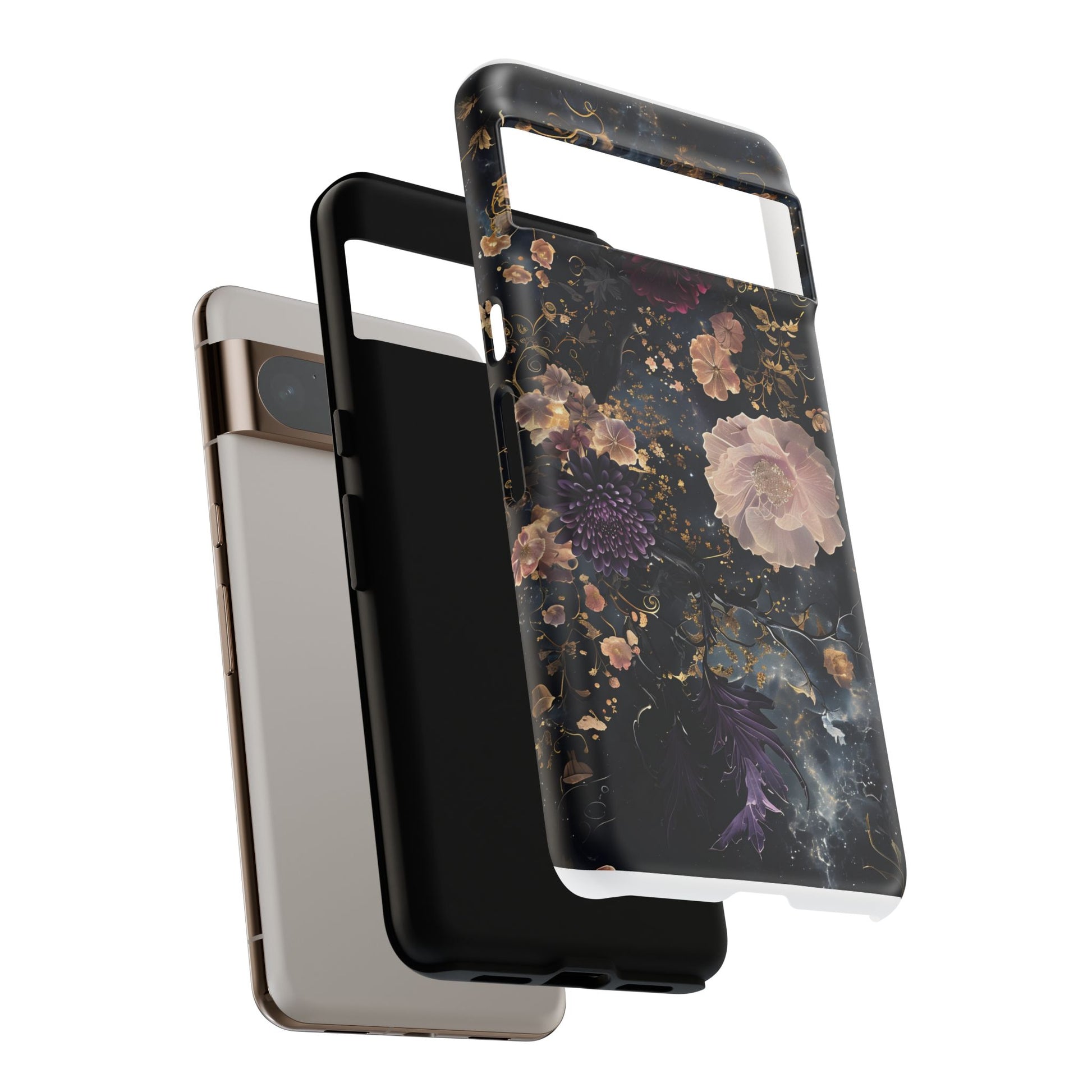 Phone Case, Whimsical Floral Pattern Against Cosmic Nebulous Background. Galaxy, Space, Tough Protective Cover, Unique Gift, Trendy