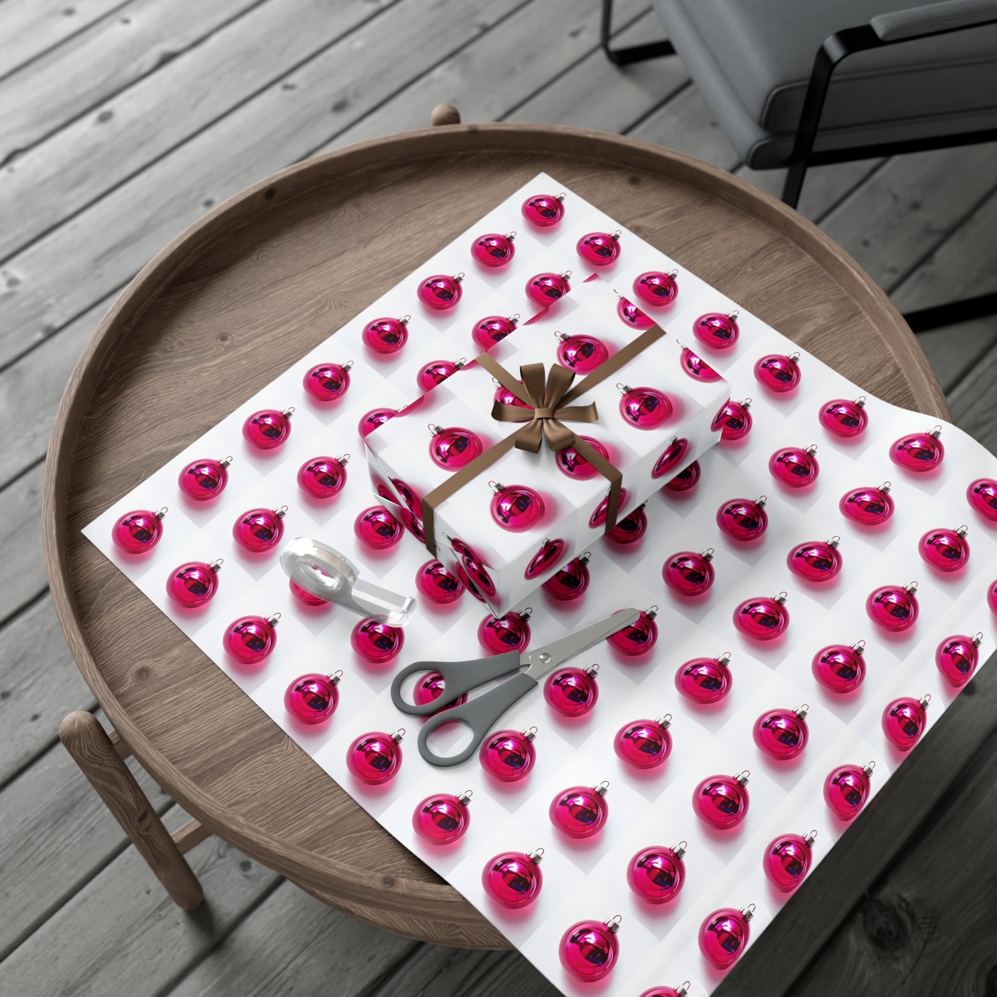 Wrapping Paper, Hot Pink Christmas Ornaments On White Background - Gift Wrap Rolls, Eco-Friendly Gift Wrap, Holiday