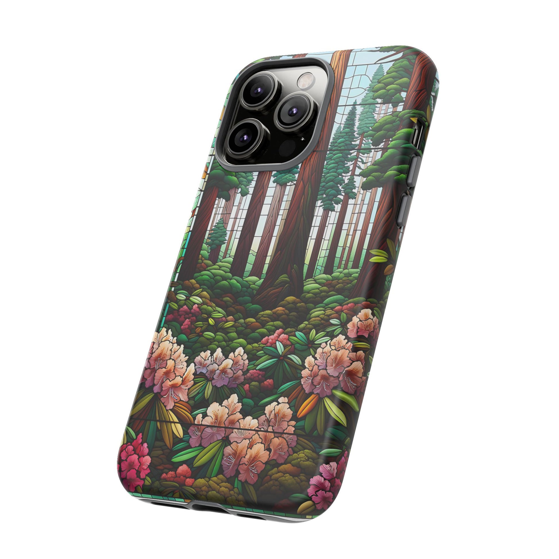 Nature Inspired Tough Cases - Redwood Trees & Rhododendrons Stained Glass iPhone Cover, Protective Phone Shell, Unique Samsung Galaxy Case,