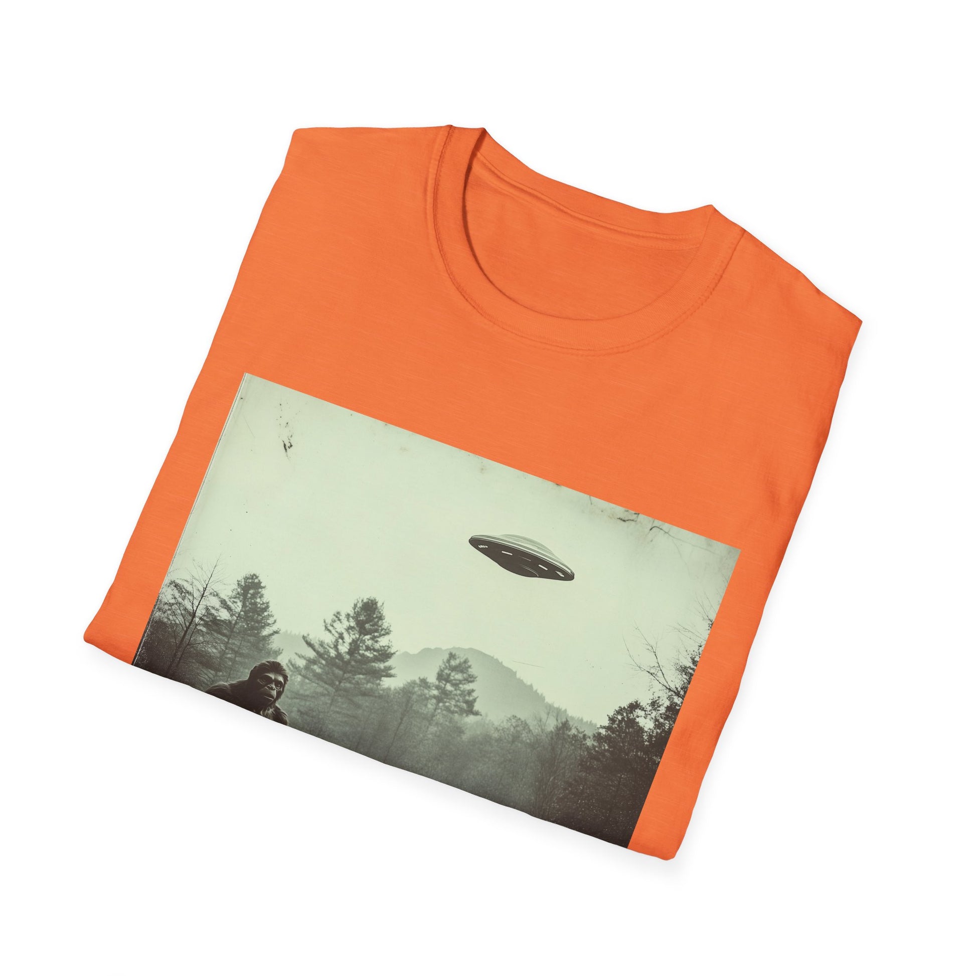 Bigfoot & UFO Unisex T-Shirt, Sasquatch Alien Tee, Cryptid Spaceship Shirt, Extraterrestrial Fantasy Clothing, Funny Yeti Top
