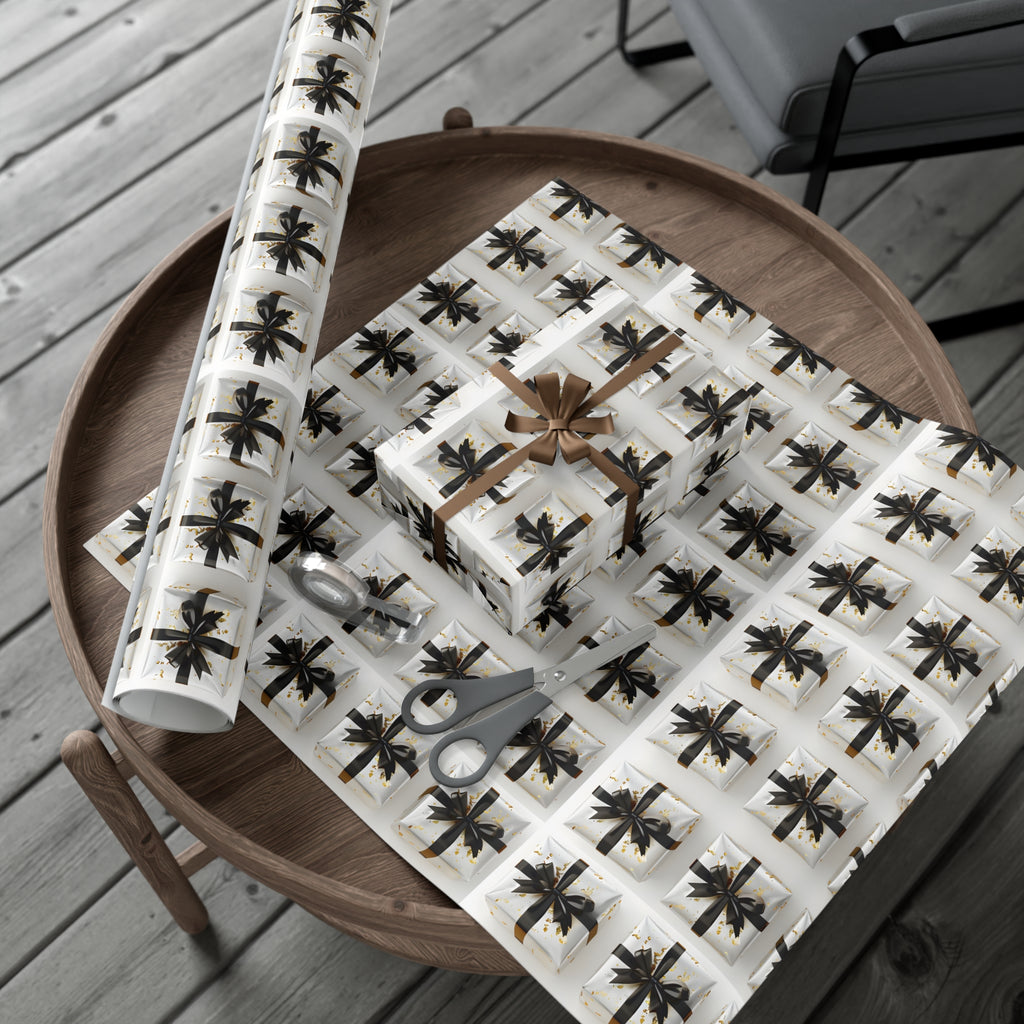 Wrapping Paper, Elegantly Wrapped Gifts On White Background with Black Bows - Gift Wrap Rolls, Eco-Friendly Gift Wrap, Holiday