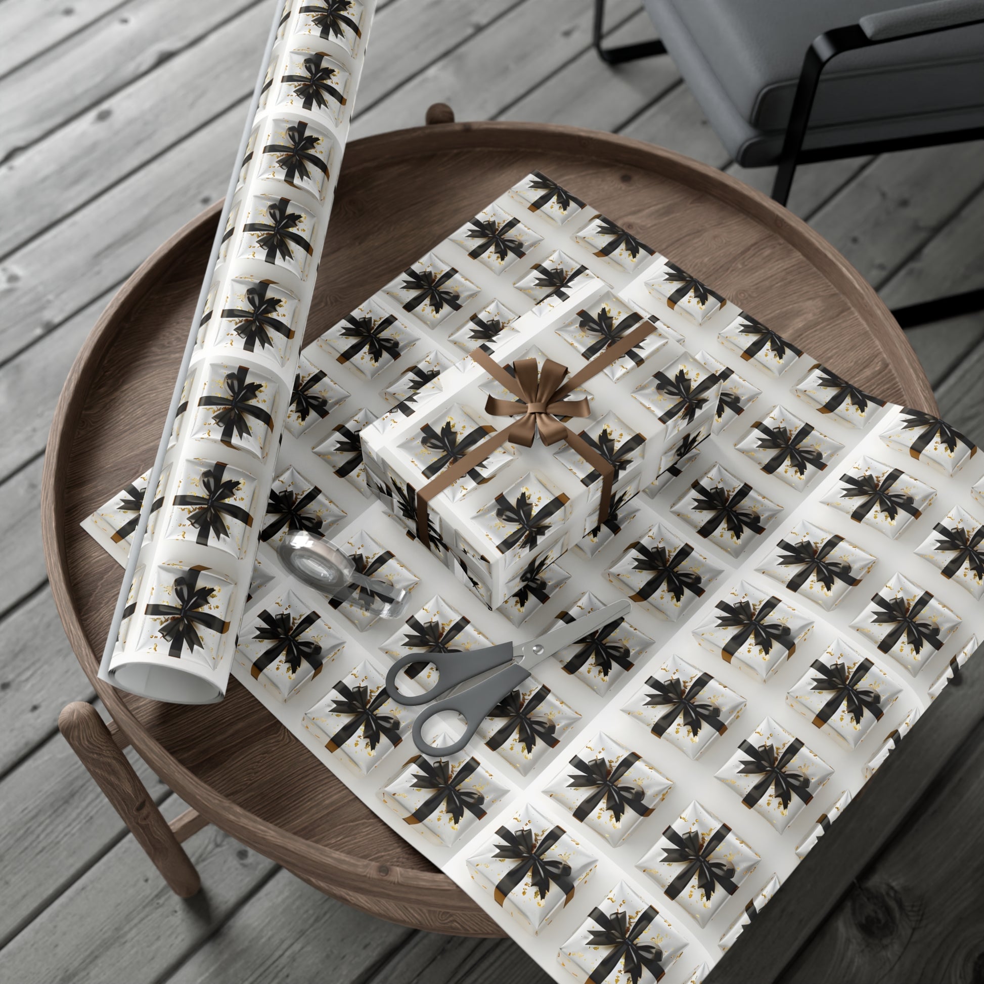 Wrapping Paper, Elegantly Wrapped Gifts On White Background with Black Bows - Gift Wrap Rolls, Eco-Friendly Gift Wrap, Holiday