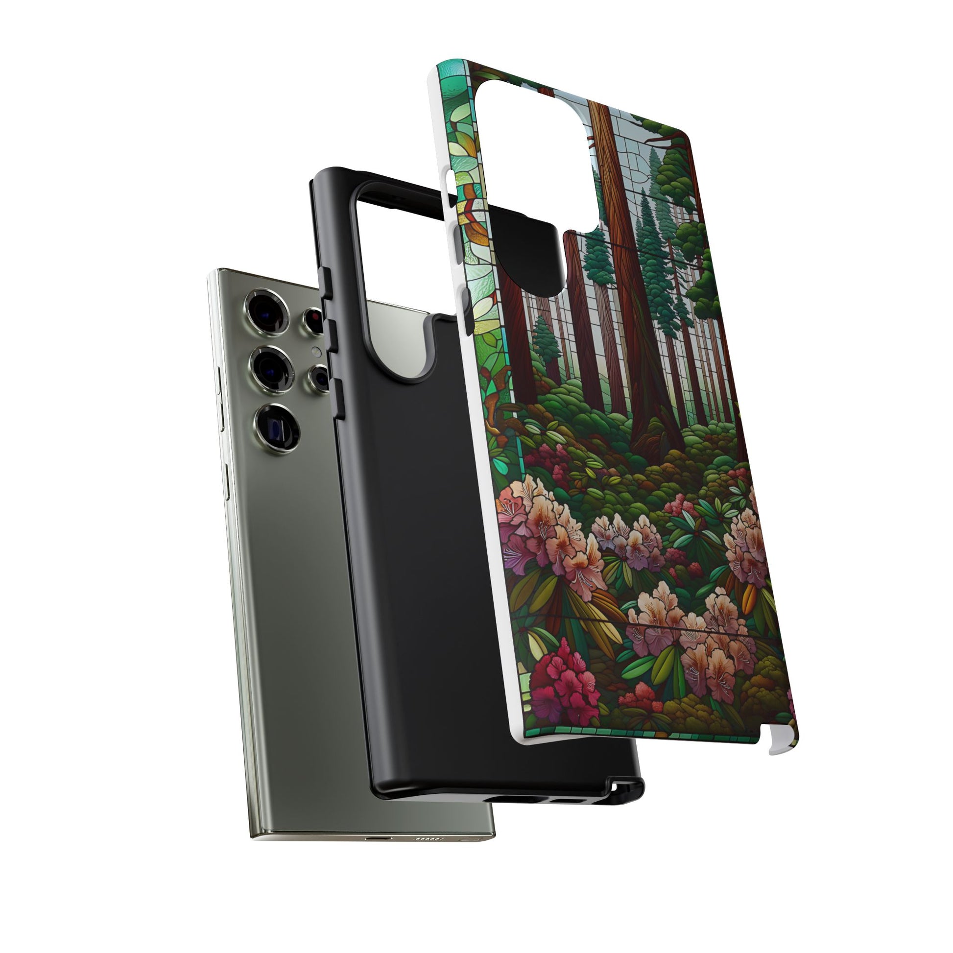Nature Inspired Tough Cases - Redwood Trees & Rhododendrons Stained Glass iPhone Cover, Protective Phone Shell, Unique Samsung Galaxy Case,