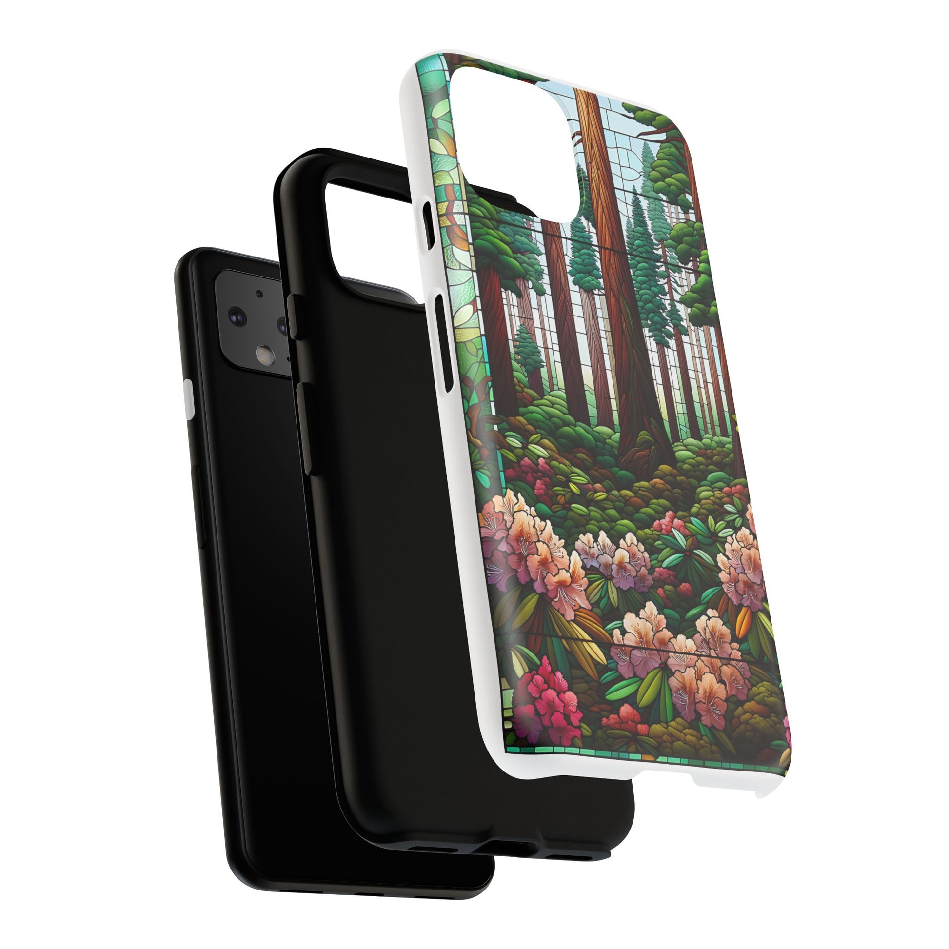 Nature Inspired Tough Cases - Redwood Trees & Rhododendrons Stained Glass iPhone Cover, Protective Phone Shell, Unique Samsung Galaxy Case,