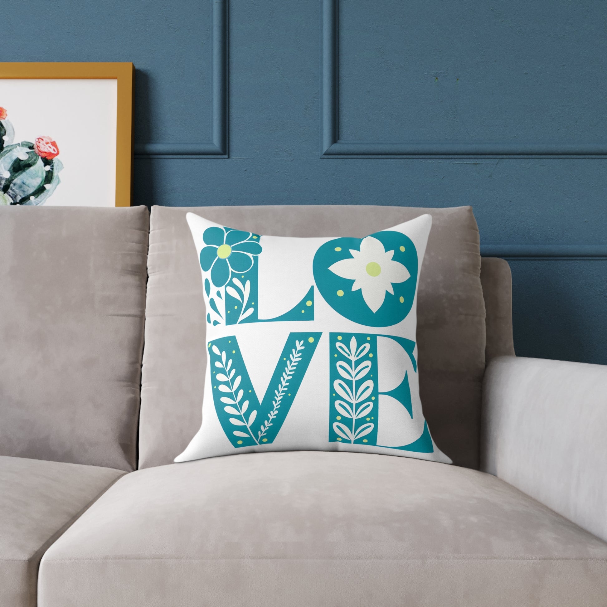 Pillow, Bold 3D Love Typography Surrounded By Nature, Square Poly Canvas Pillow, Home Decor, Gift for Her, Modern Cushion Cover, Love Quote