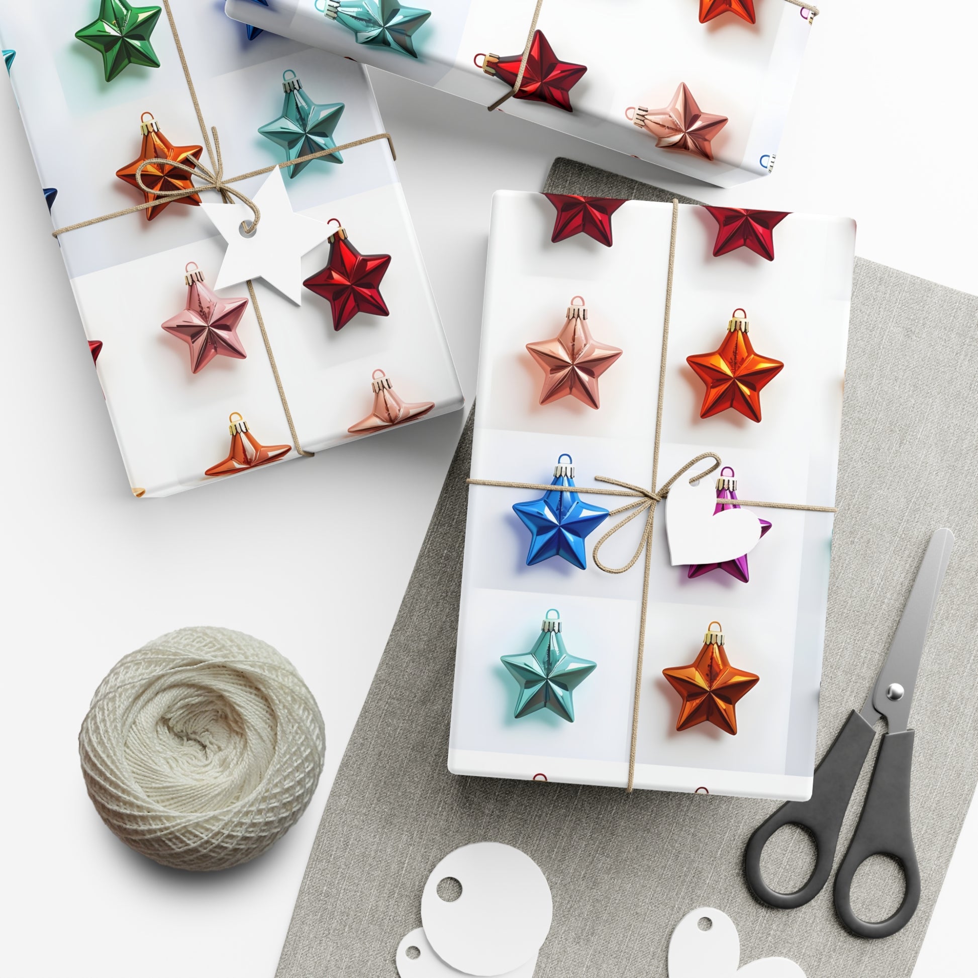 Wrapping Paper, Vibrant Star Christmas Ornaments On White Background - Gift Wrap Rolls, Eco-Friendly Gift Wrap, Holiday
