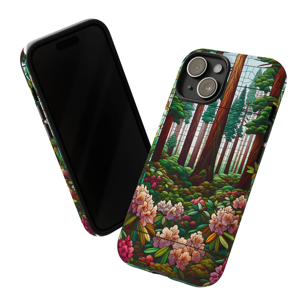 Nature Inspired Tough Cases - Redwood Trees & Rhododendrons Stained Glass iPhone Cover, Protective Phone Shell, Unique Samsung Galaxy Case,
